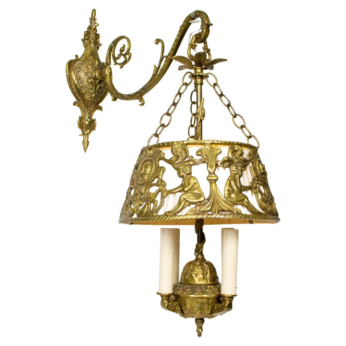 Mid 20th Century Cast Brass Hanging Four Light Sconce with Silk Shade For Sale