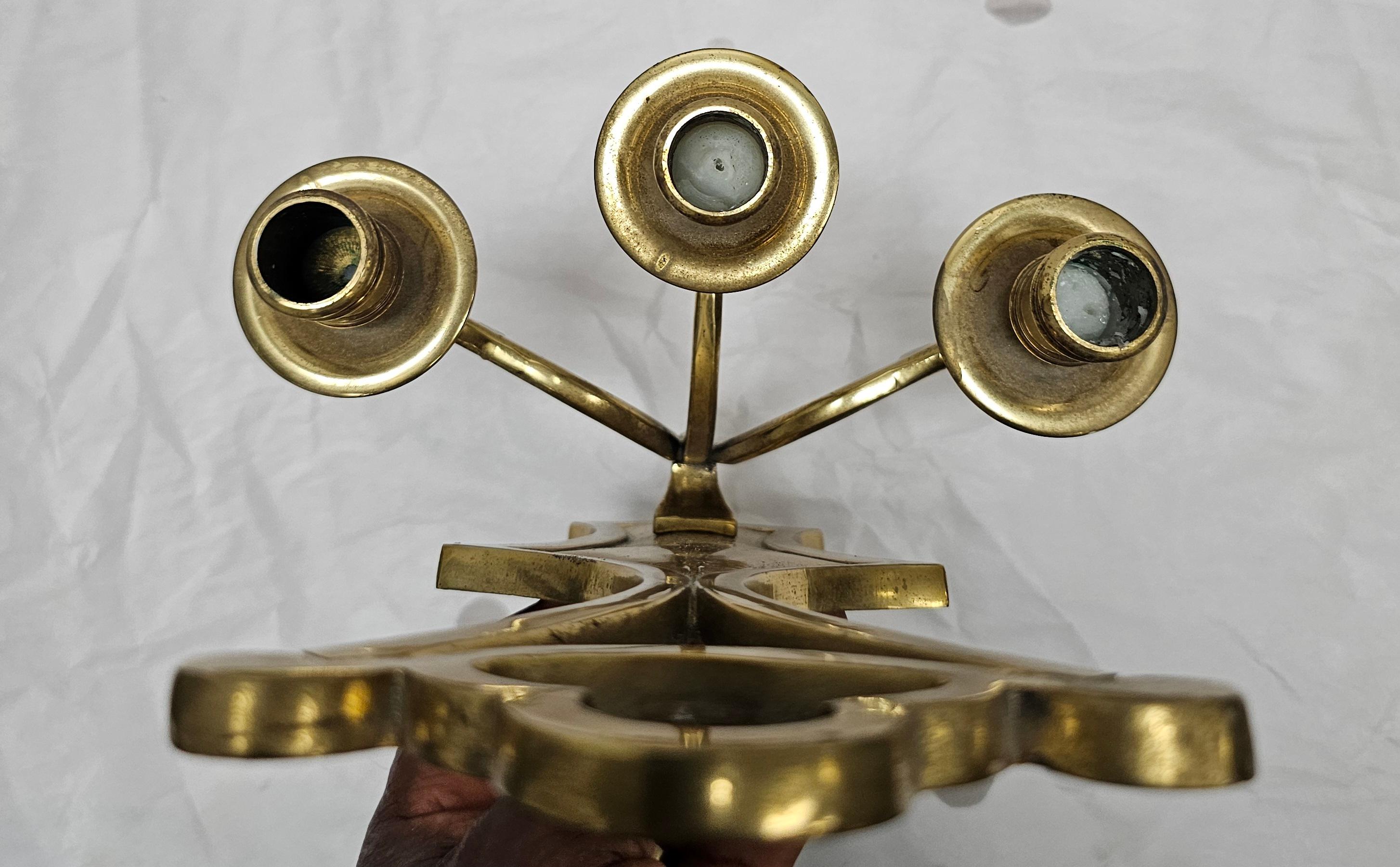 American Mid 20th Century Cast Brass Three Light Wall Candle Sconce For Sale