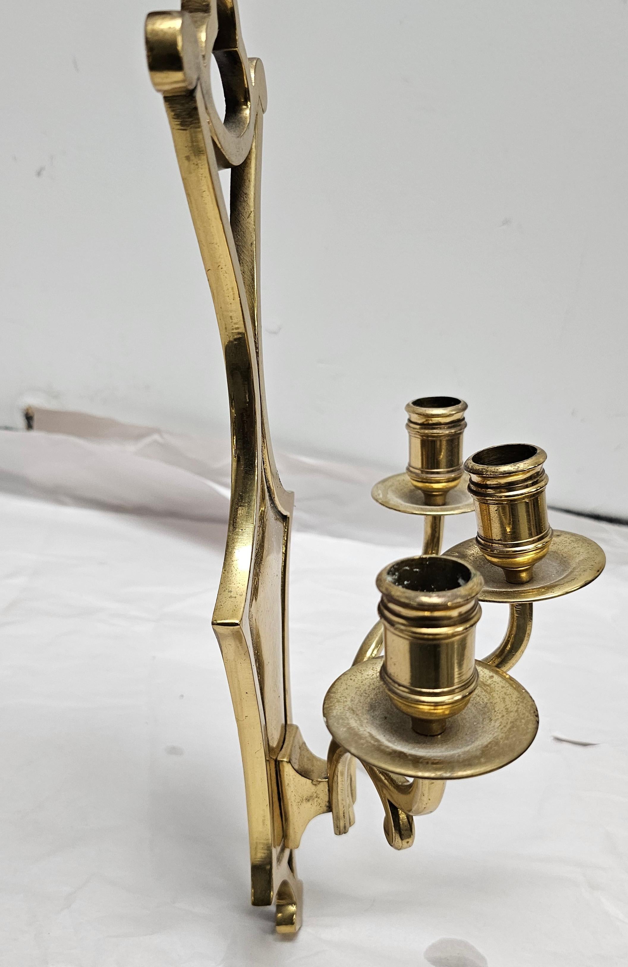 Metalwork Mid 20th Century Cast Brass Three Light Wall Candle Sconce For Sale