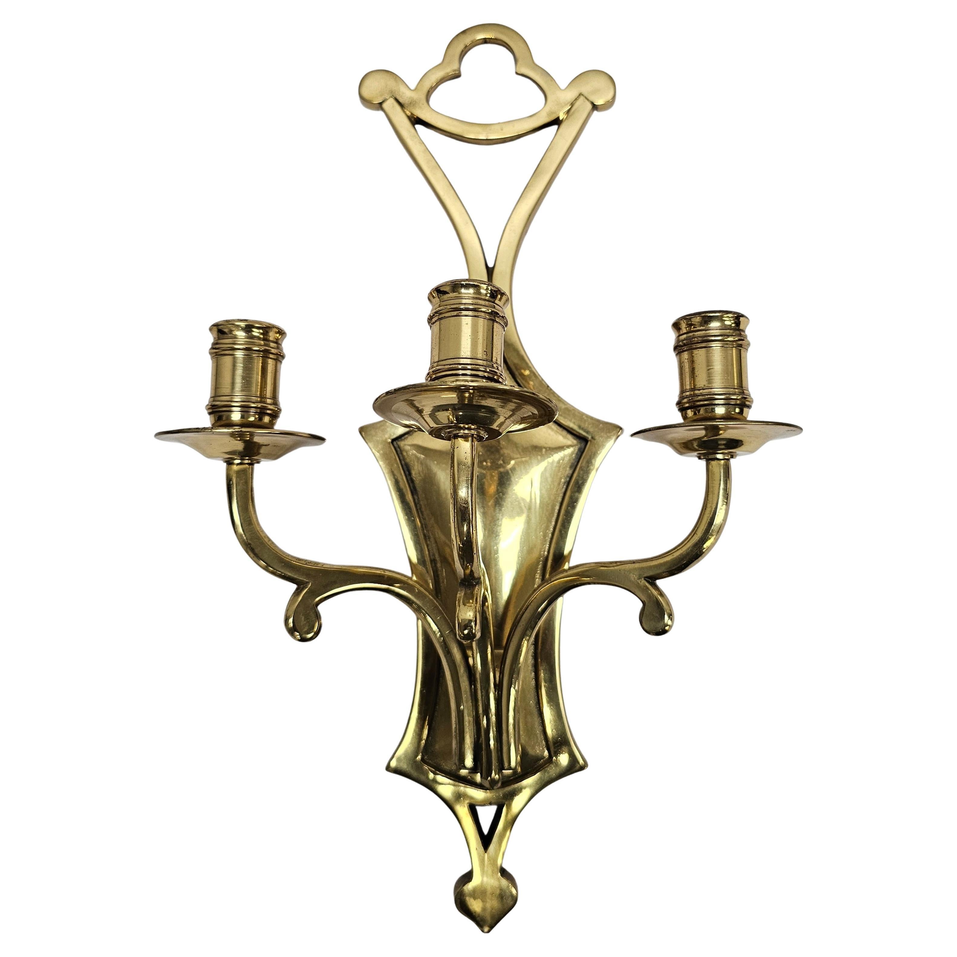 Mid 20th Century Cast Brass Three Light Wall Candle Sconce For Sale