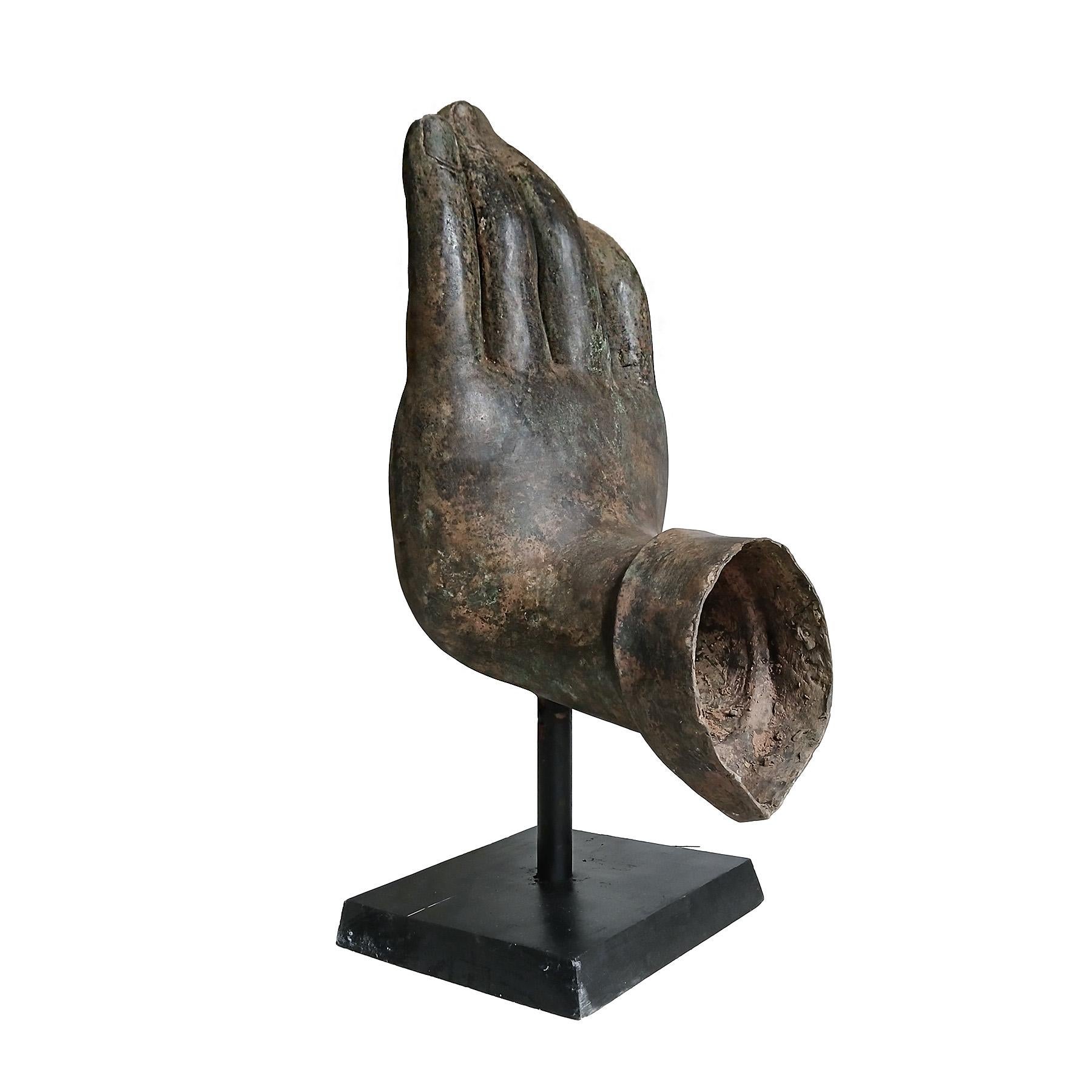 Thai Mid 20th Century Cast Bronze Buddha Hand Sculpture, On Stand For Sale