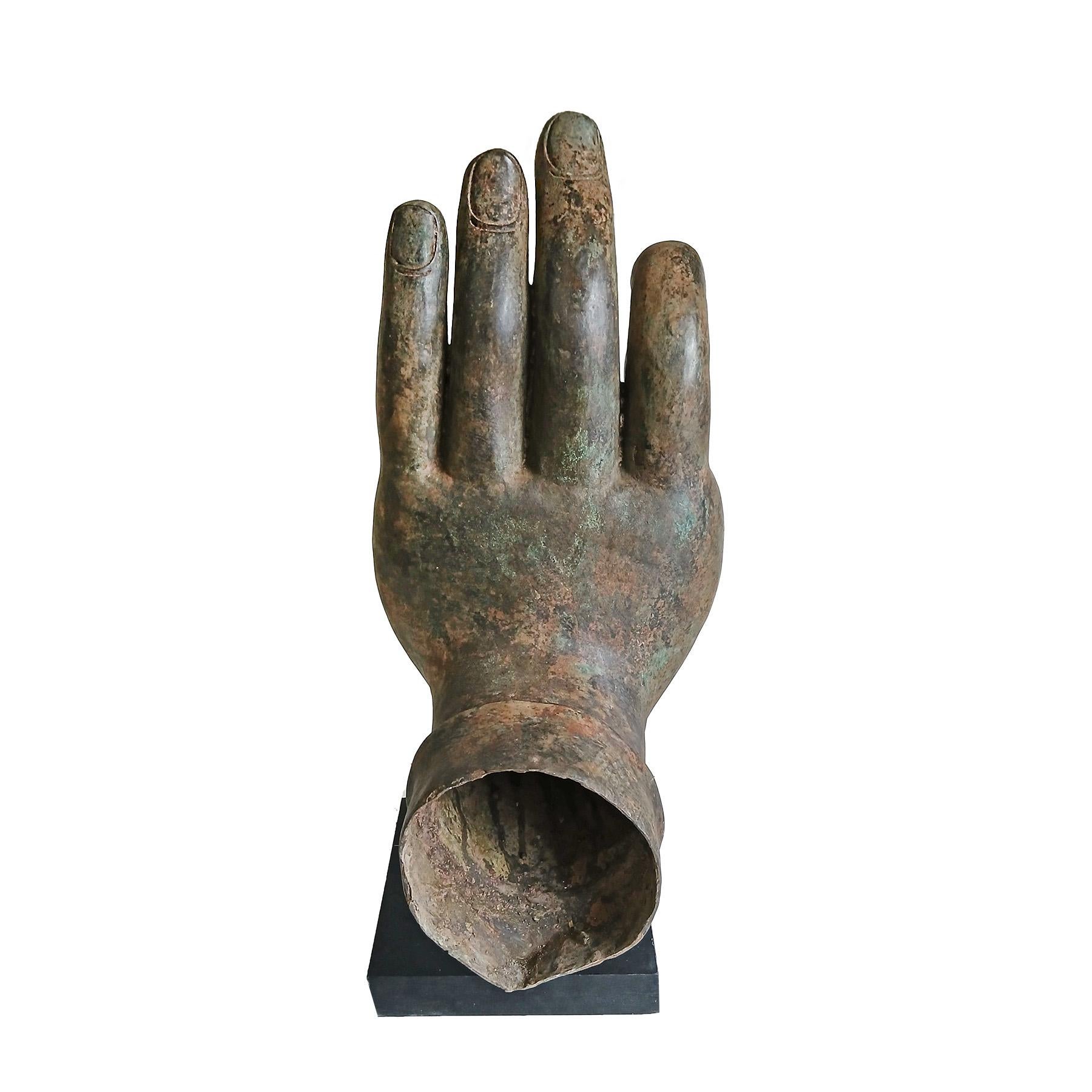 Patinated Mid 20th Century Cast Bronze Buddha Hand Sculpture, On Stand For Sale
