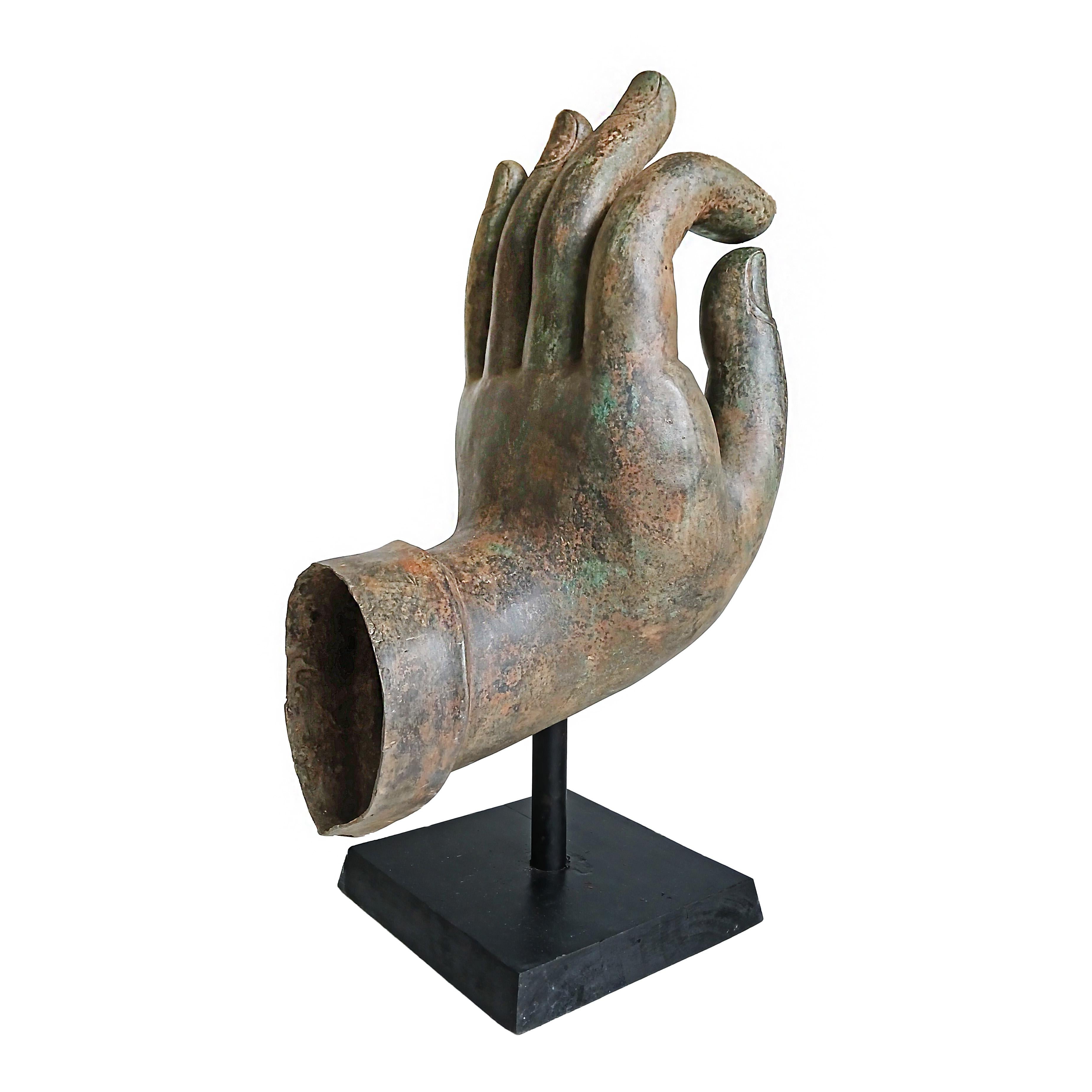 Mid 20th Century Cast Bronze Buddha Hand Sculpture, On Stand In Good Condition For Sale In New York, NY
