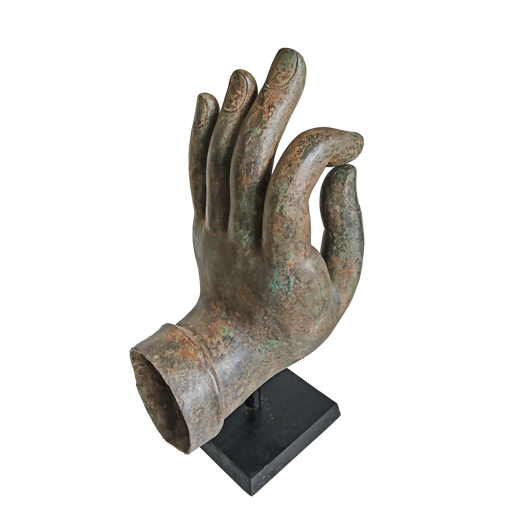 Mid-20th Century Mid 20th Century Cast Bronze Buddha Hand Sculpture, On Stand For Sale