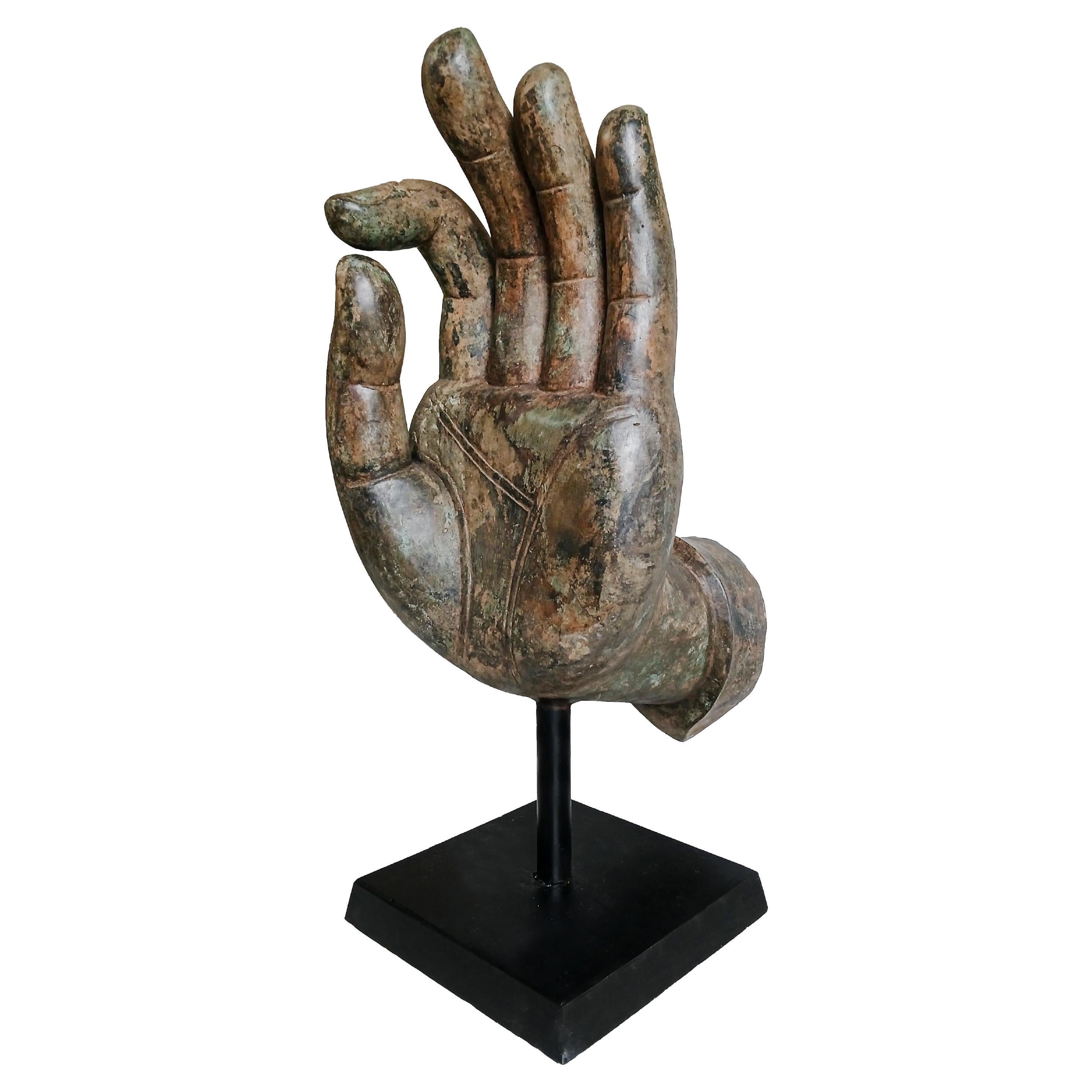 Mid 20th Century Cast Bronze Buddha Hand Sculpture, On Stand For Sale