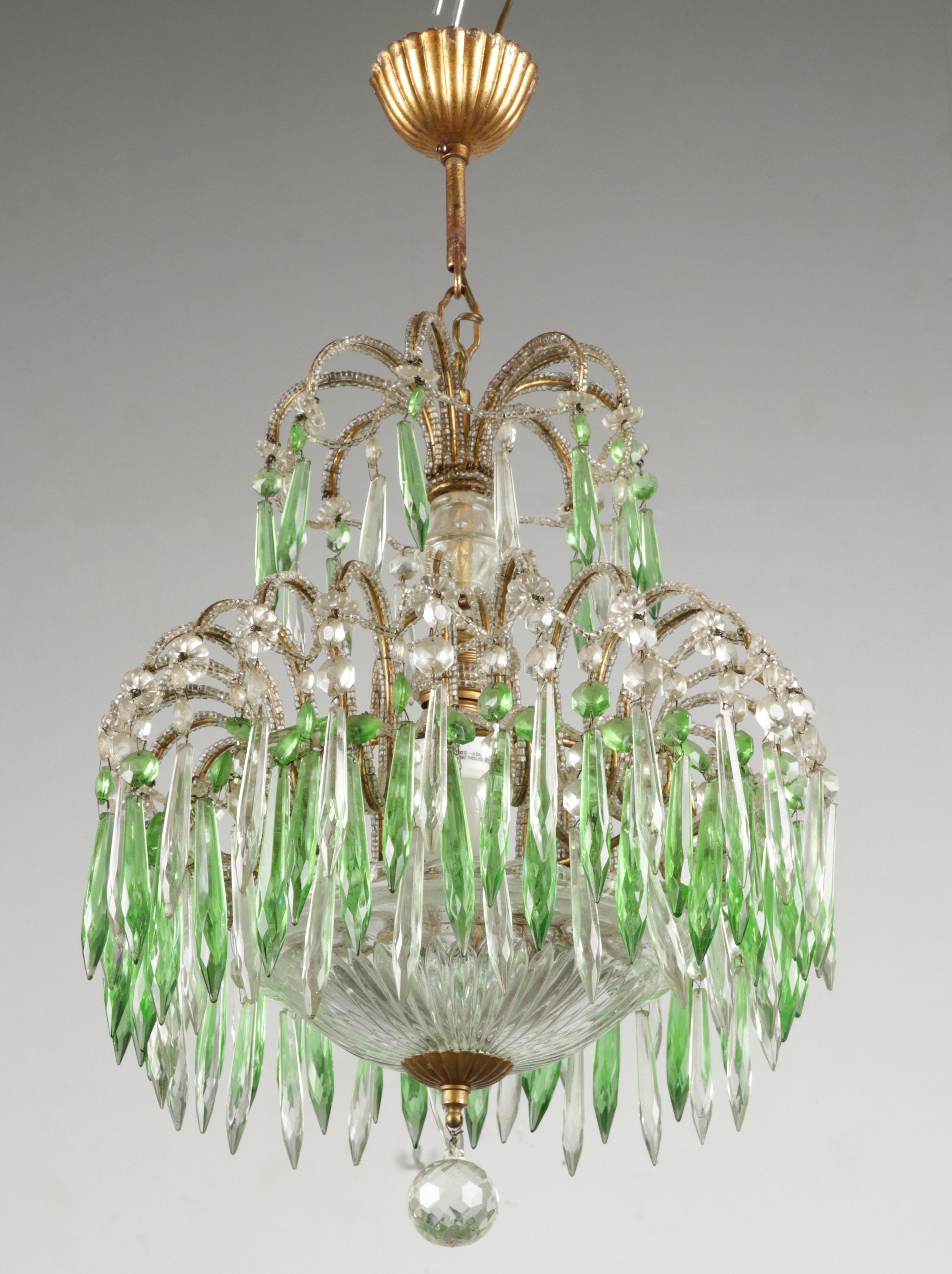 French Mid 20th Century Century Palme Chandelier Lamp Glass Drops For Sale