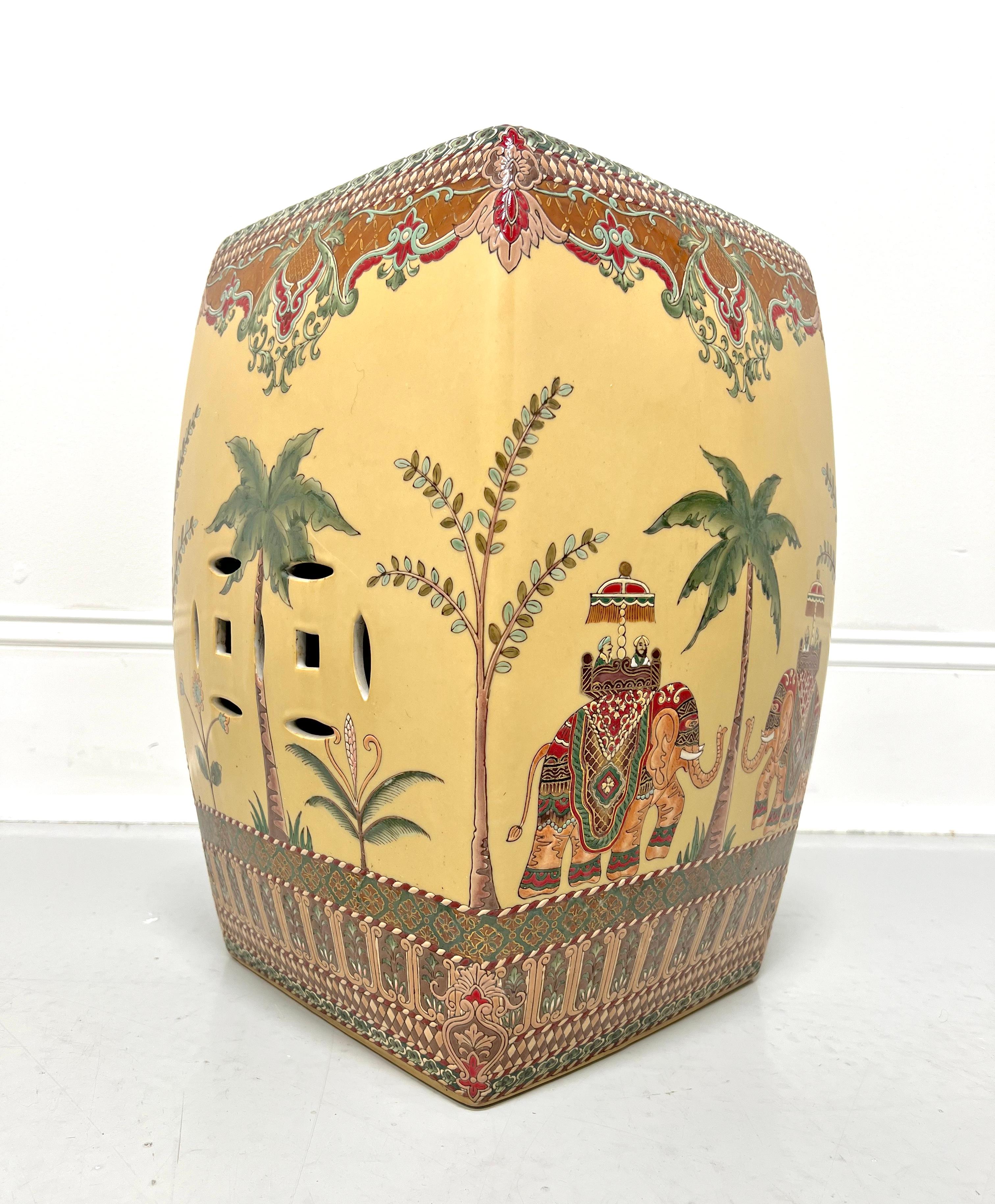 Asian Mid 20th Century Ceramic Garden Stool Tropical Theme with Elephants & Palm Trees