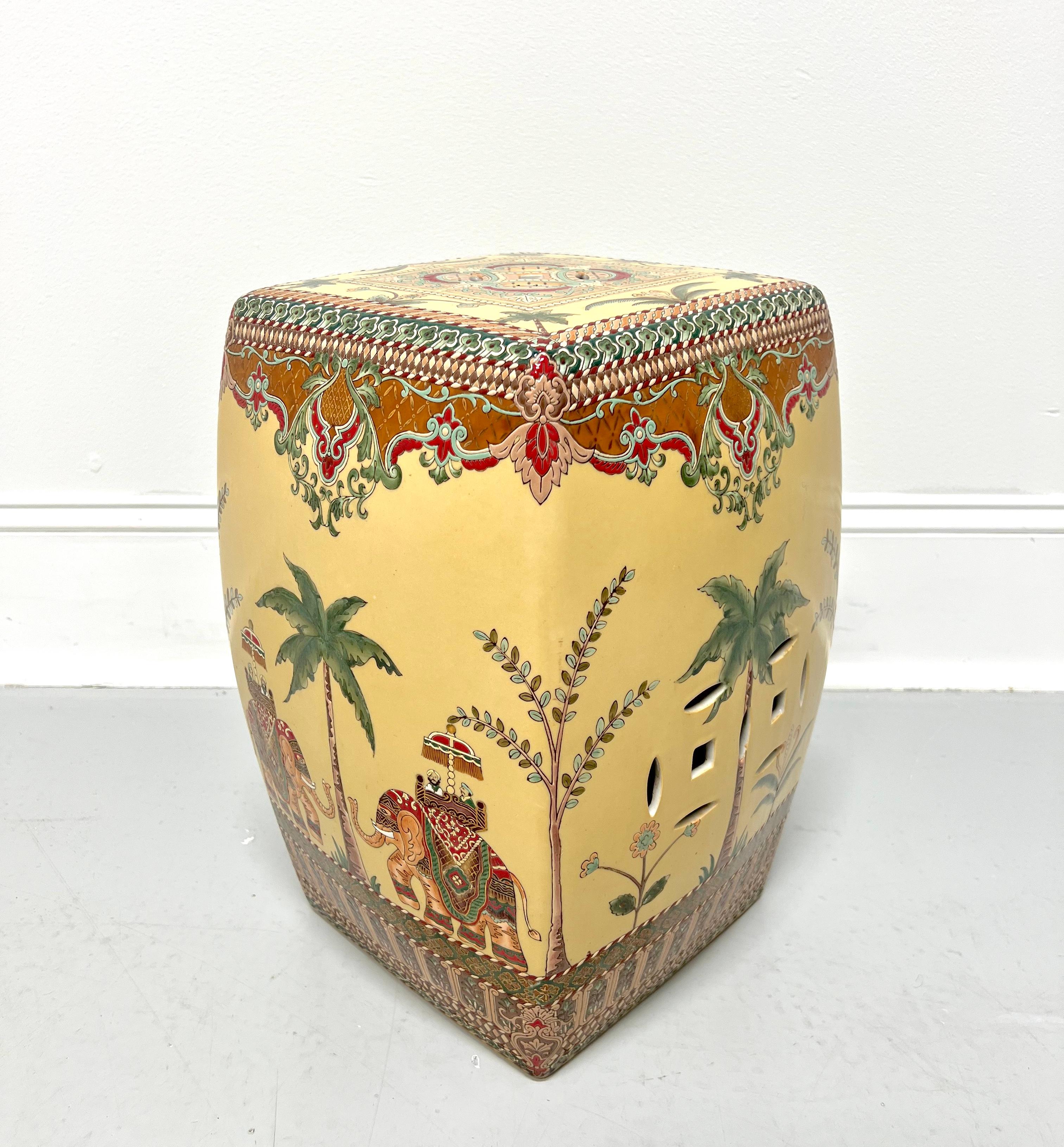 Mid 20th Century Ceramic Garden Stool Tropical Theme with Elephants & Palm Trees In Good Condition In Charlotte, NC
