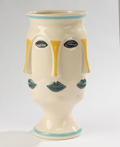 Jarrón de cerámica de mediados del siglo XX - Vallauris - Decorado a mano - Caras cubistas