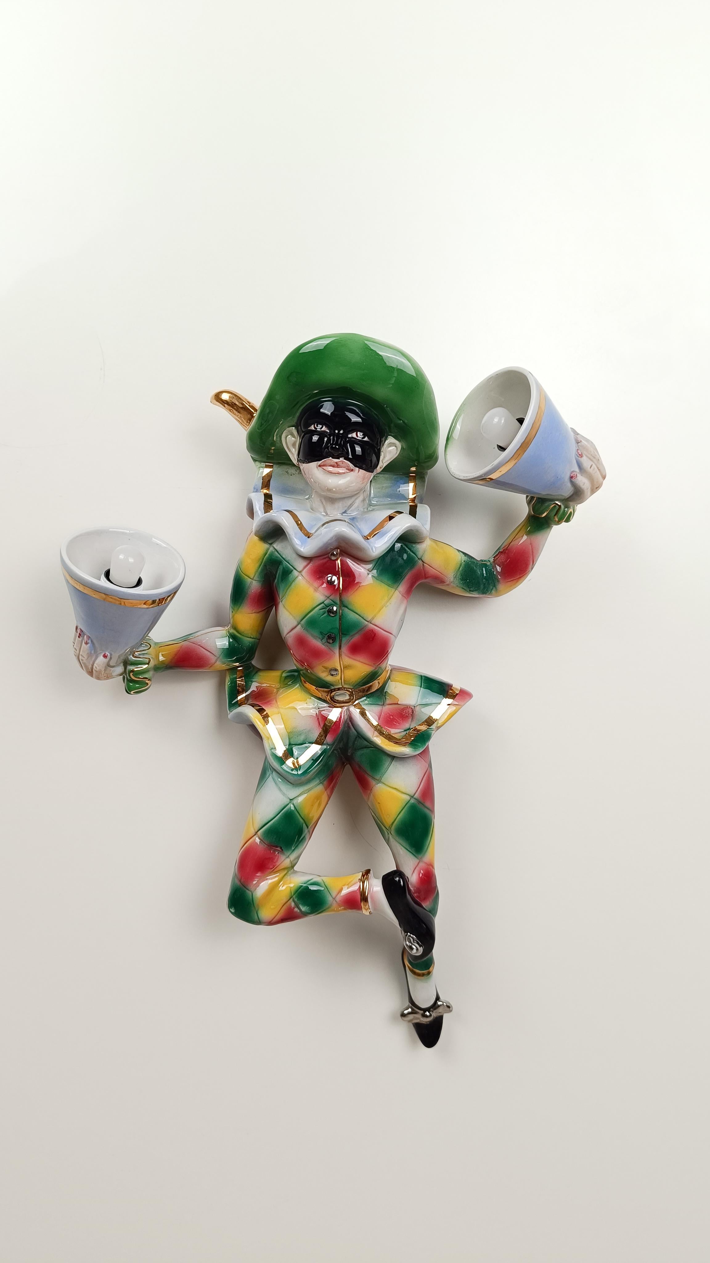 Mid 20th Century Ceramic Wall Light depicting Harlequin a Carnival Venetian Mask For Sale 9