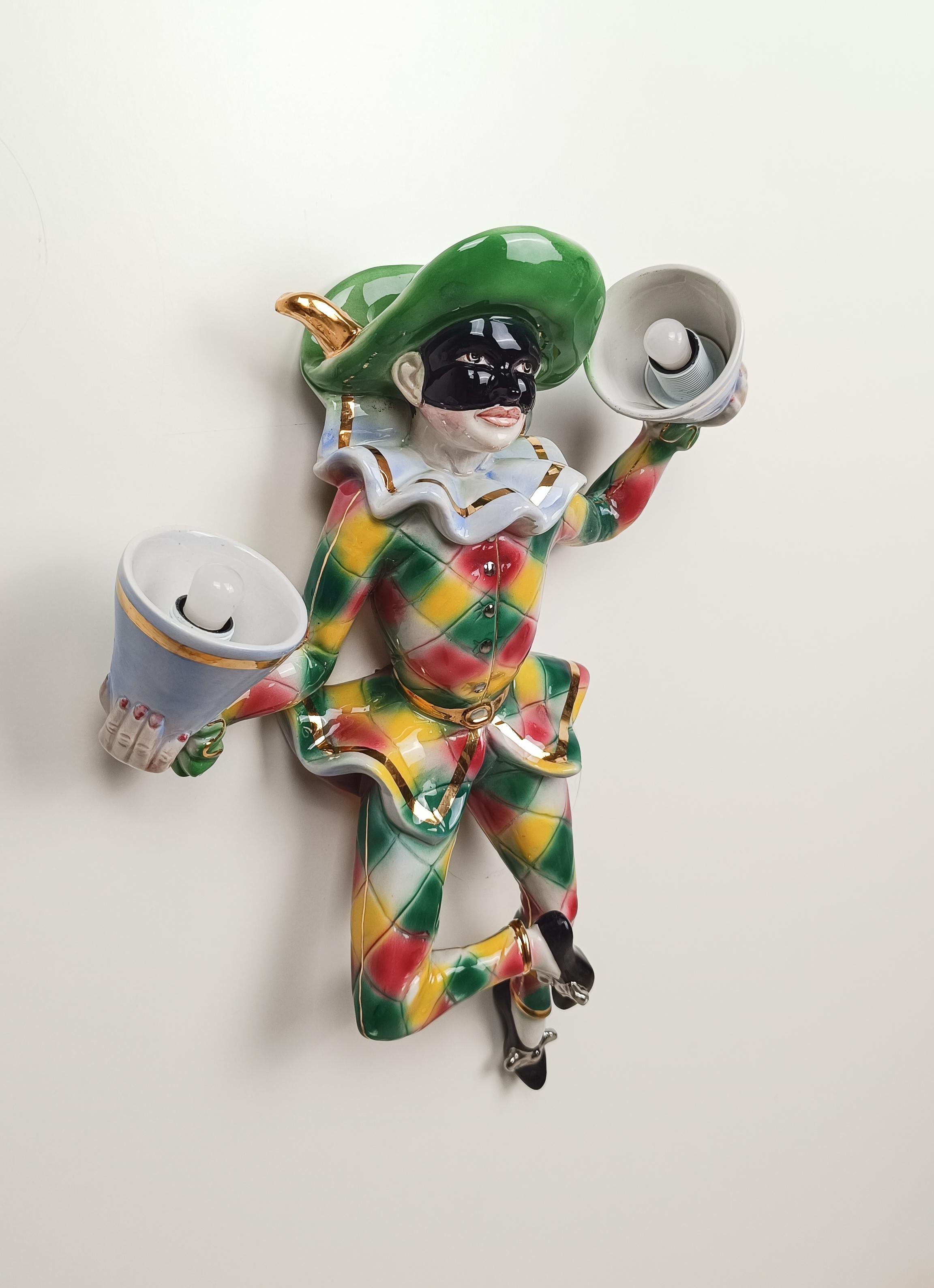 Mid 20th Century Ceramic Wall Light depicting Harlequin a Carnival Venetian Mask For Sale 13
