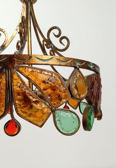 Mid 20th Century Chandelier in Gilt Wrought Iron and Hammered Glass by LONGOBARD