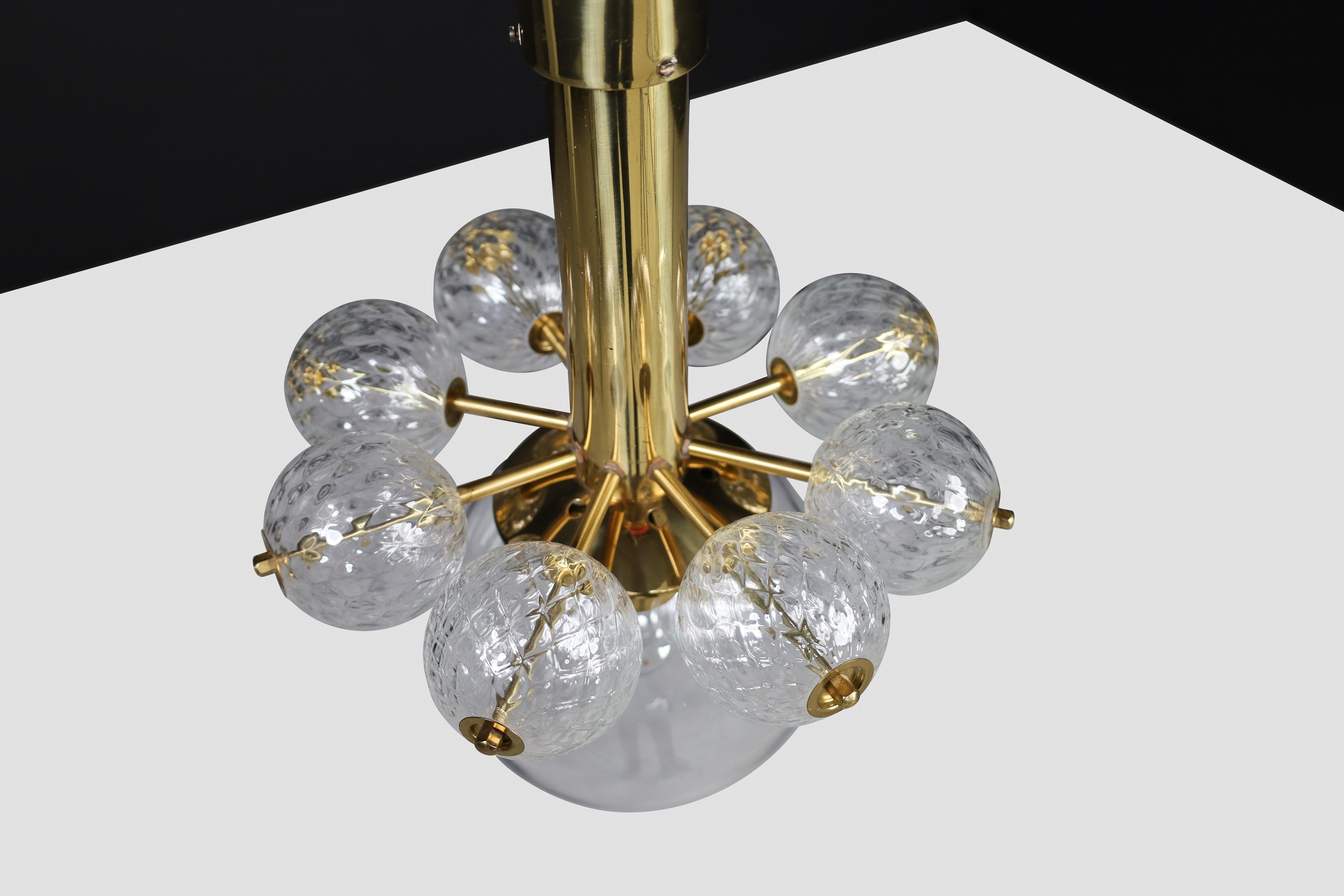Mid-20th Century Chandelier with Brass Fixture and Hand-Blown Glass Globes For Sale 6