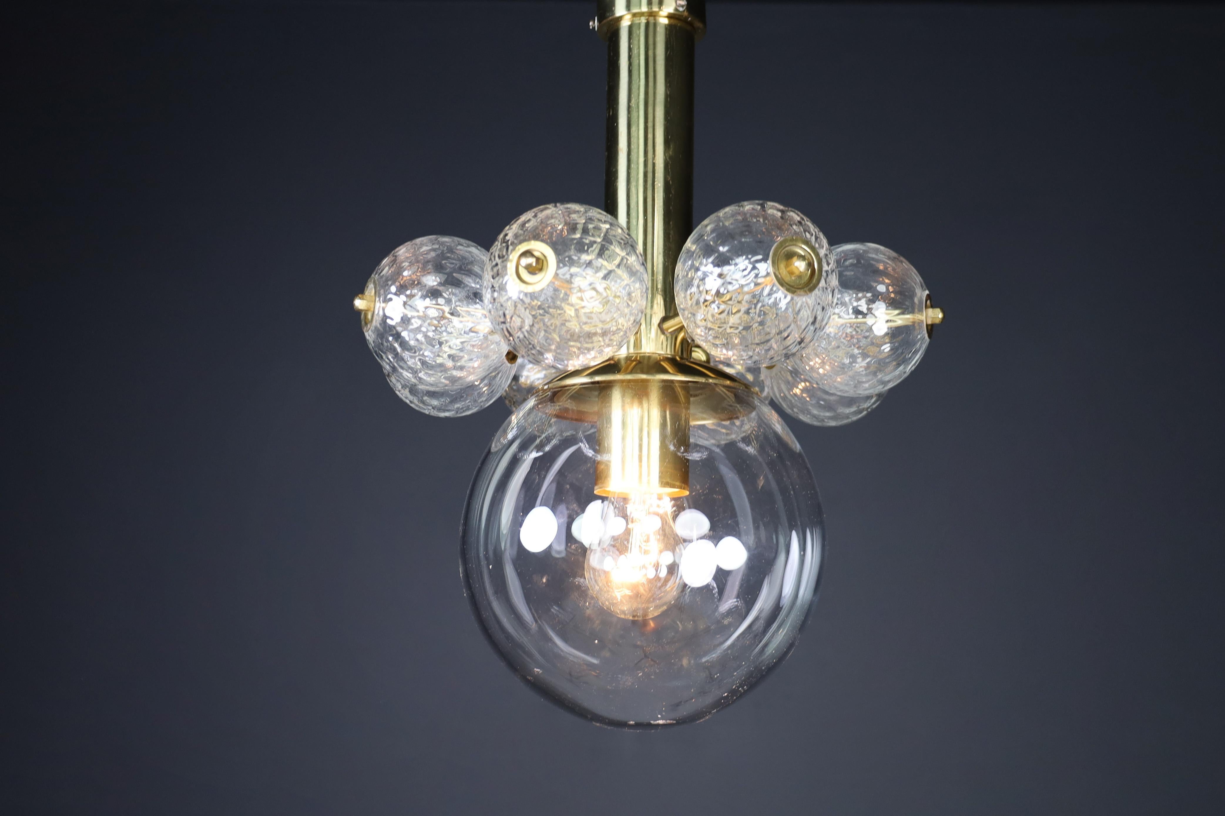 Czech Mid-20th Century Chandelier with Brass Fixture and Hand-Blown Glass Globes For Sale
