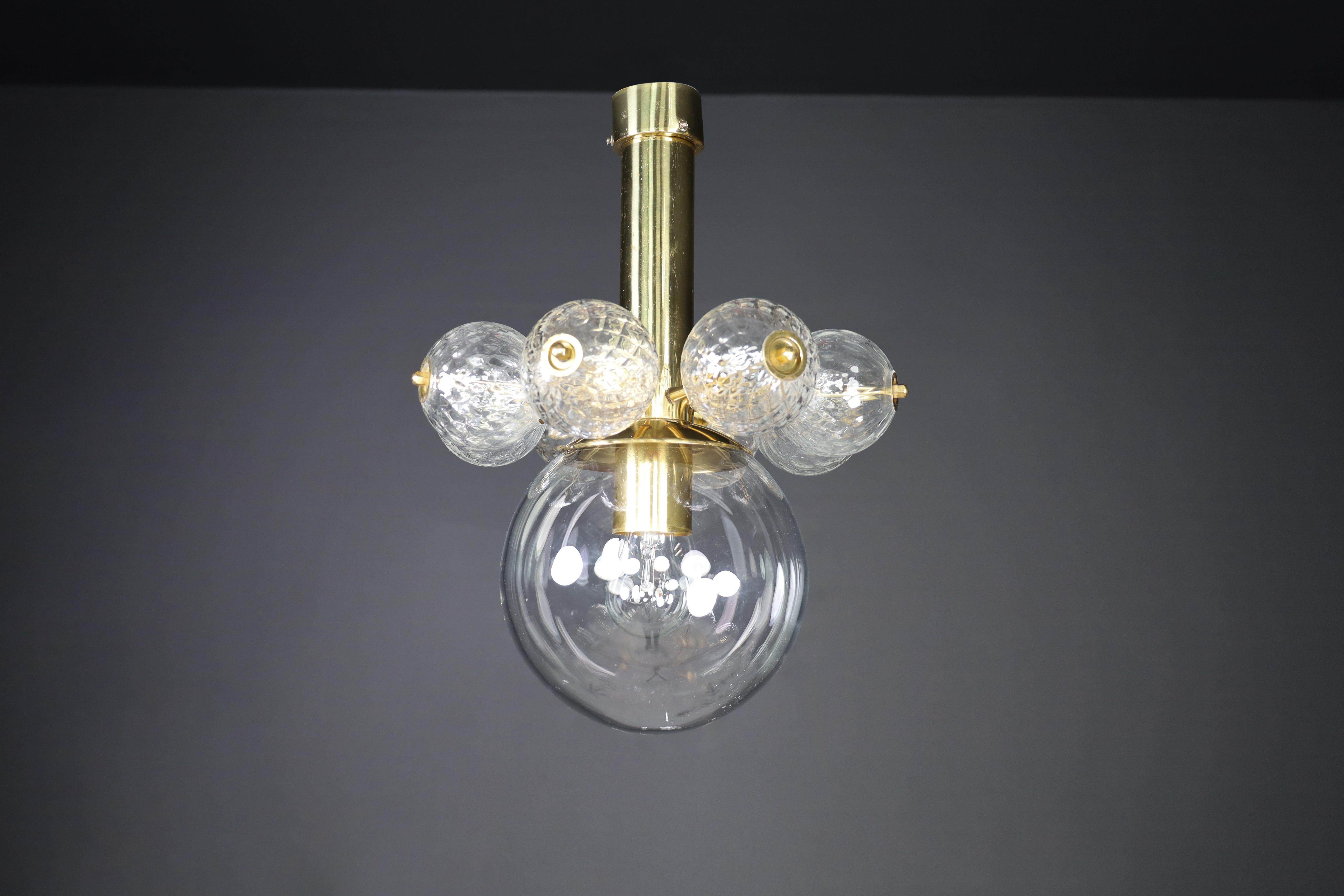 Mid-20th Century Chandelier with Brass Fixture and Hand-Blown Glass Globes In Good Condition For Sale In Almelo, NL