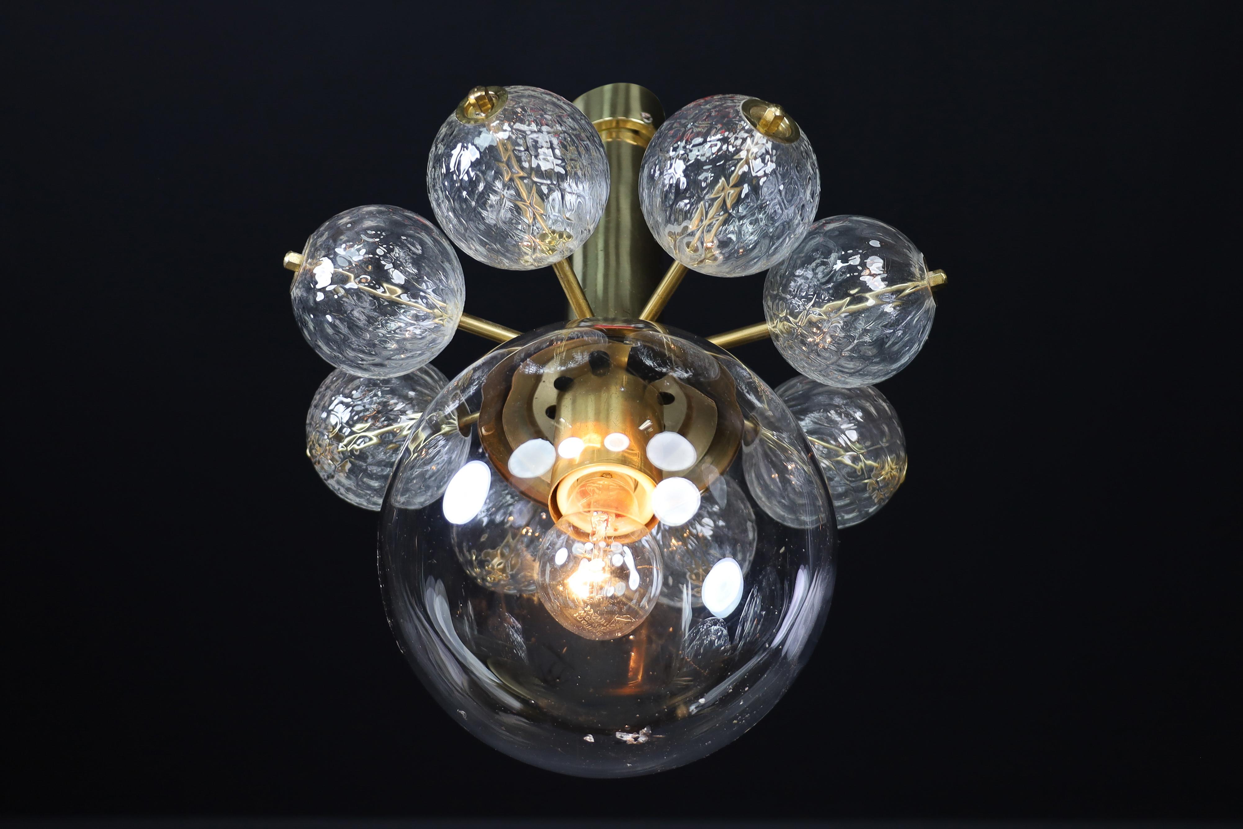 Mid-20th Century Chandelier with Brass Fixture and Hand-Blown Glass Globes For Sale 1