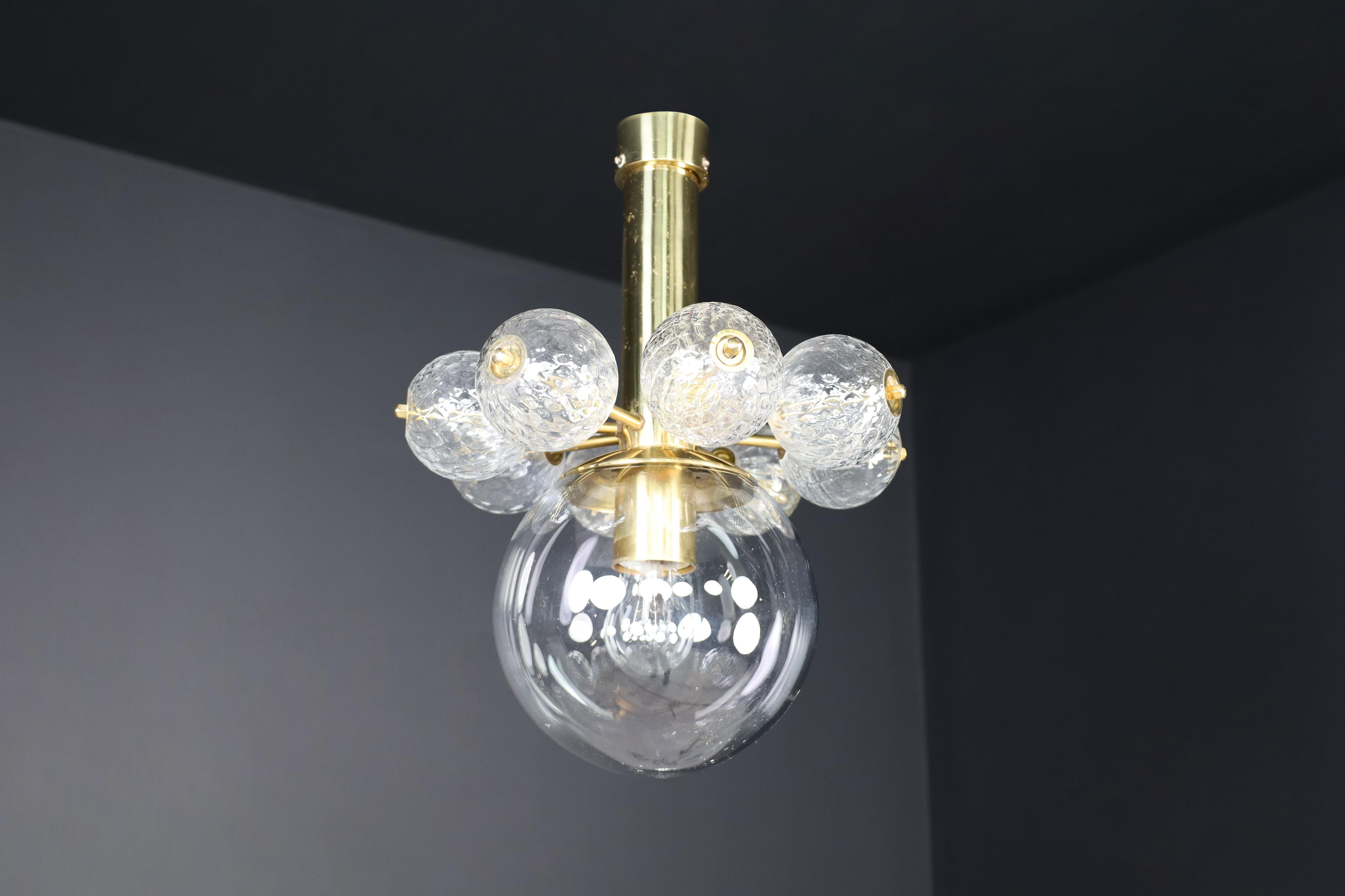 Mid-20th Century Chandelier with Brass Fixture and Hand-Blown Glass Globes For Sale 2