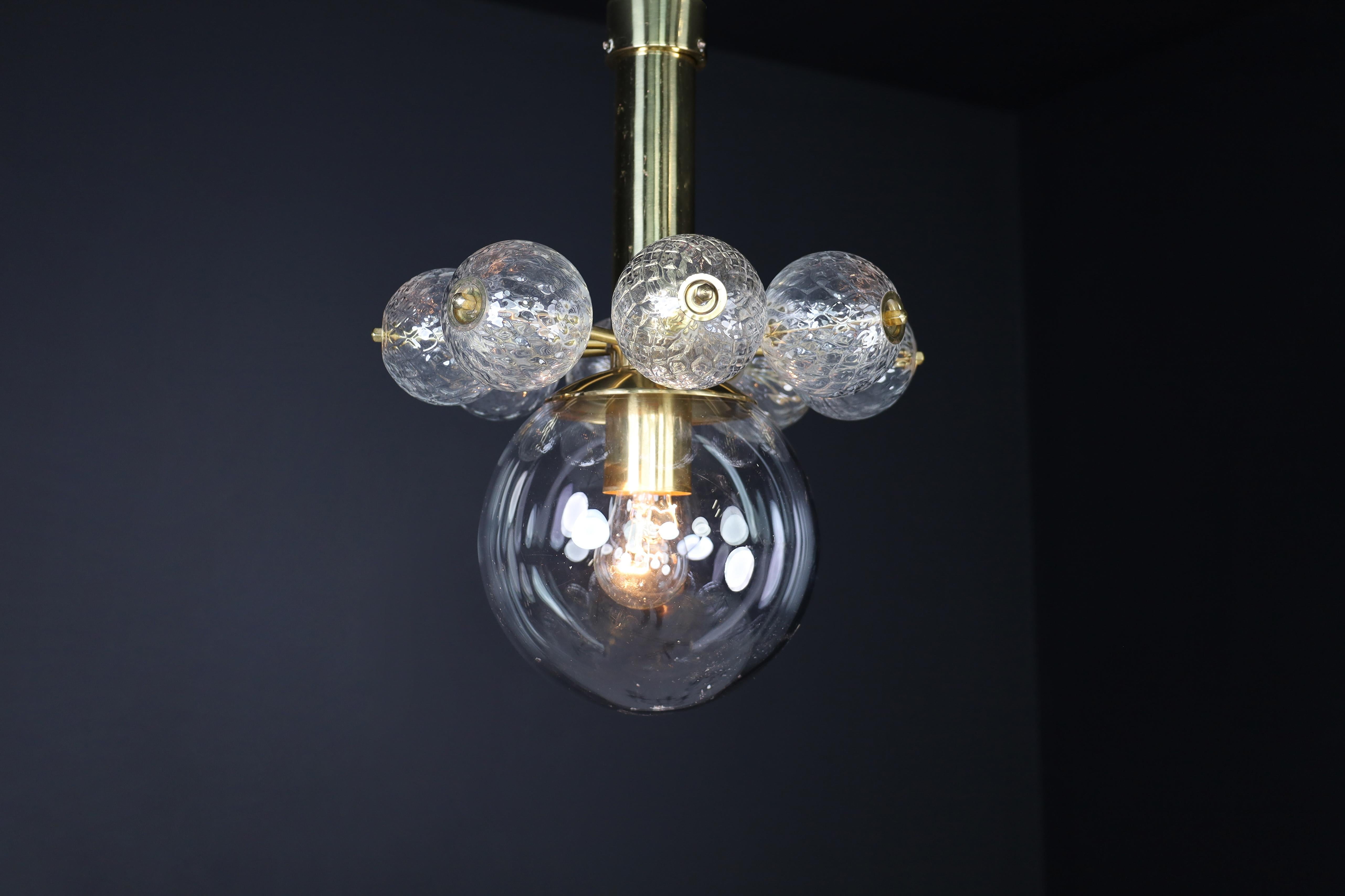 Mid-20th Century Chandelier with Brass Fixture and Hand-Blown Glass Globes For Sale 3
