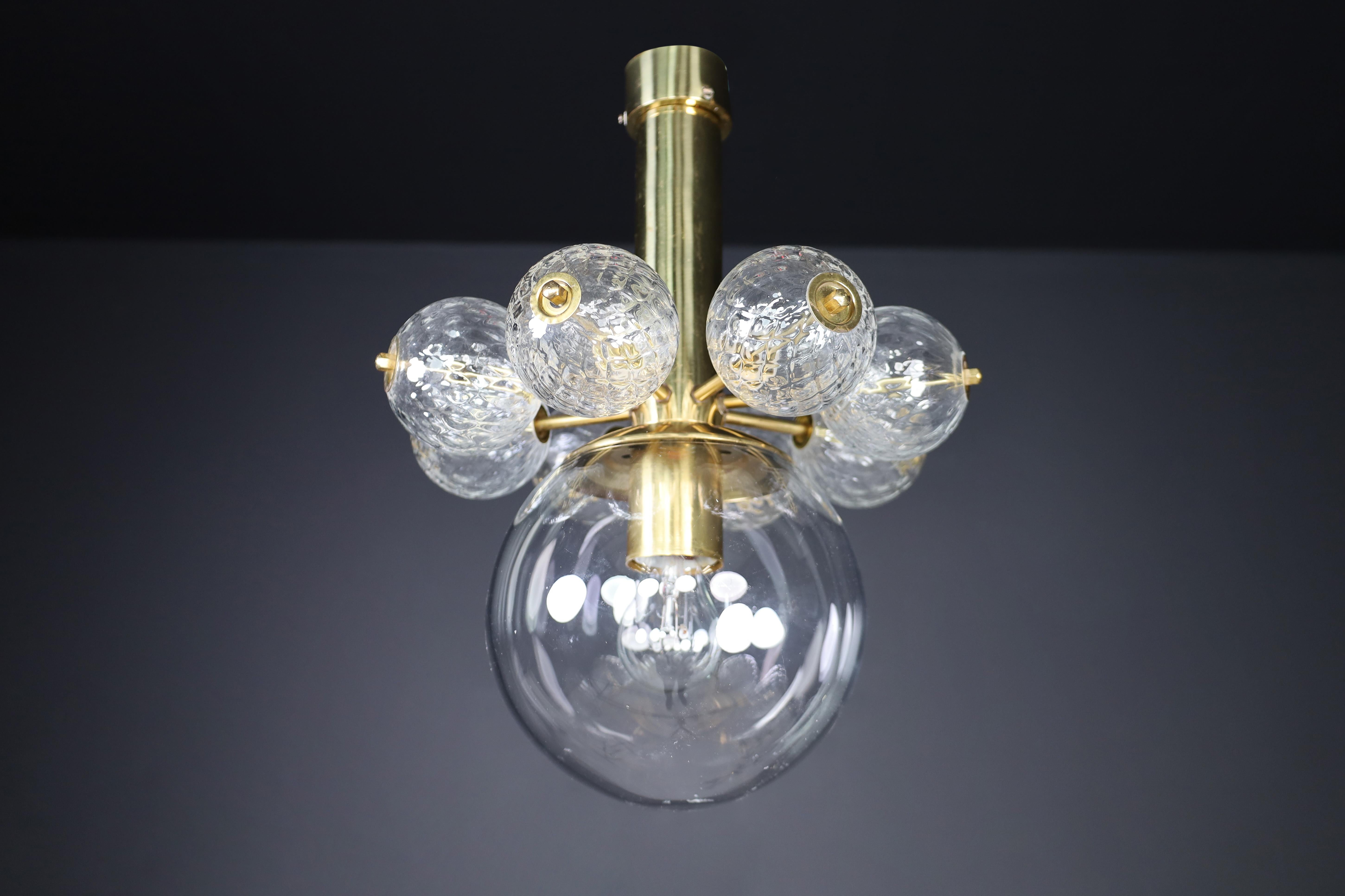 Mid-20th Century Chandelier with Brass Fixture and Hand-Blown Glass Globes For Sale 4