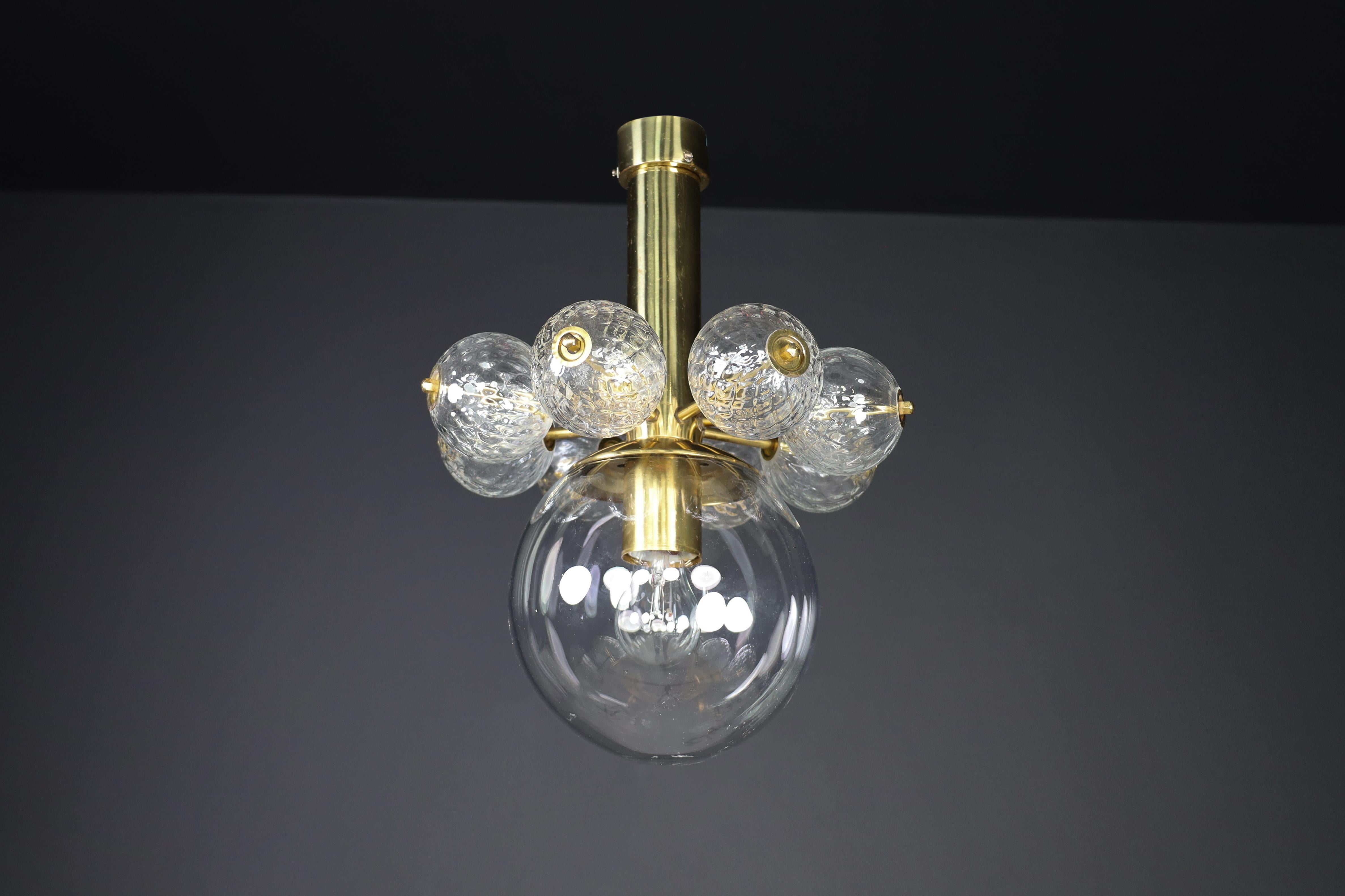 Mid-20th Century Chandelier with Brass Fixture and Hand-Blown Glass Globes For Sale 5