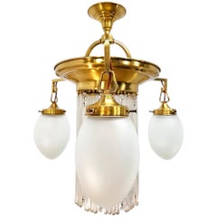 Retro Mid-20th Century Chandeliers Brass Engraved, Transparent and Opaline Glass