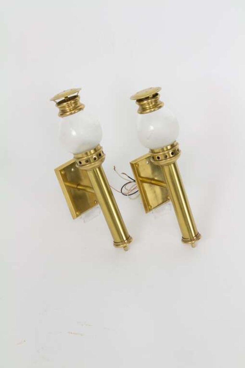 Hong Kong Mid-20th Century Chapman Brass Railway Lantern Sconces with Globes, a Pair
