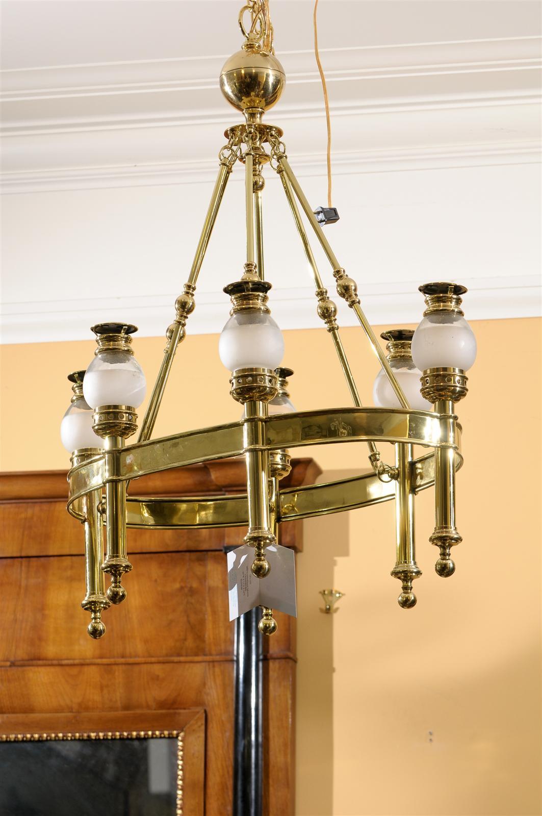 Mid-20th century Chapman brass six-arm chandelier with globes
New wiring.