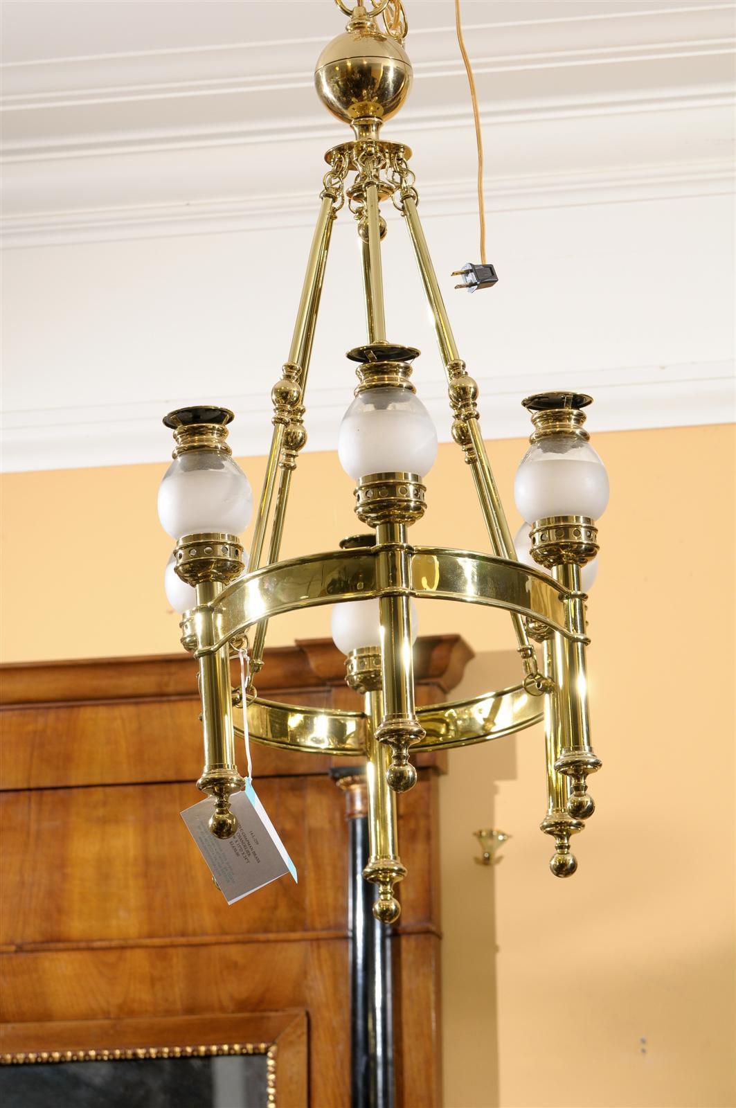 Mid-20th Century Chapman Brass Six-Arm Chandelier with Globes In Good Condition In Atlanta, GA