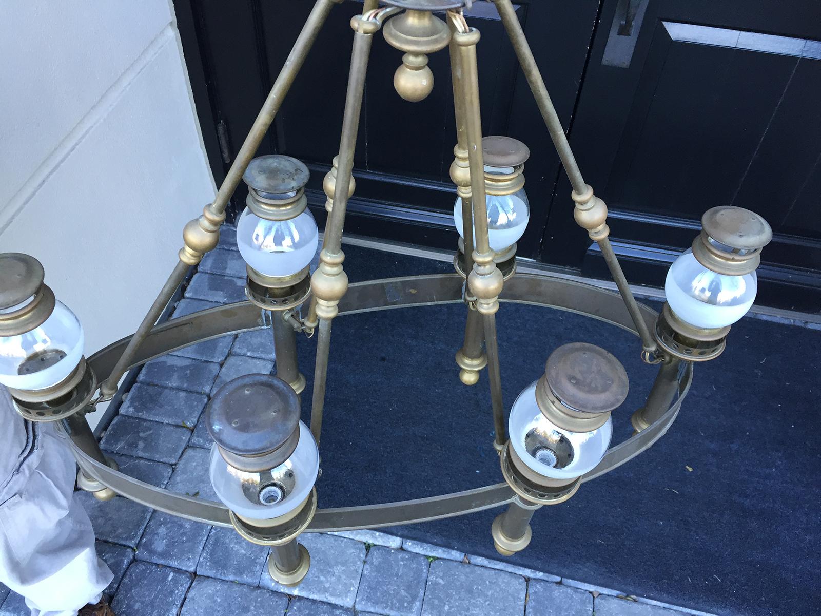 Mid-20th Century Chapman Brass Six-Arm Chandelier with Globes For Sale 1