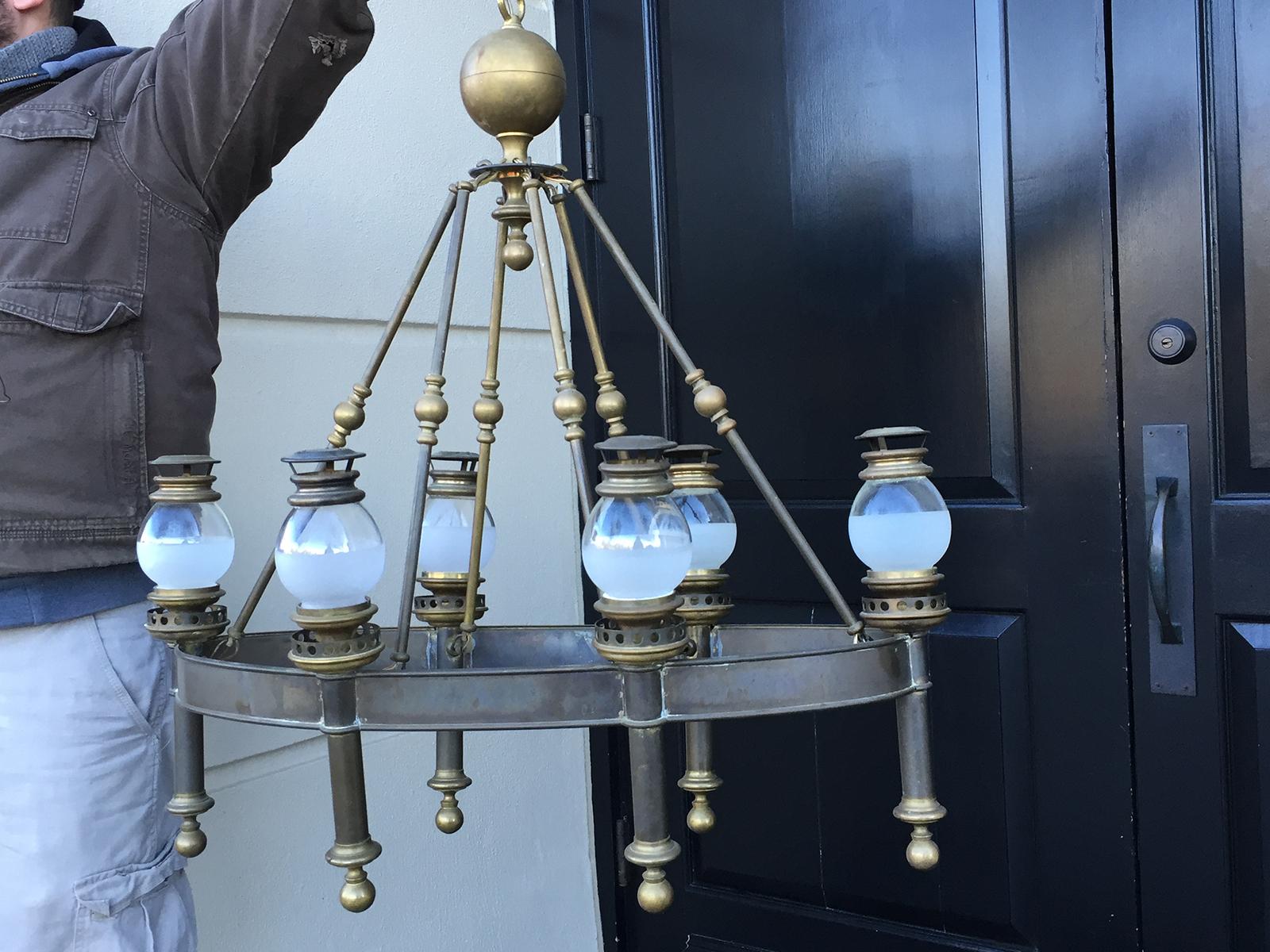 Mid-20th Century Chapman Brass Six-Arm Chandelier with Globes For Sale 3
