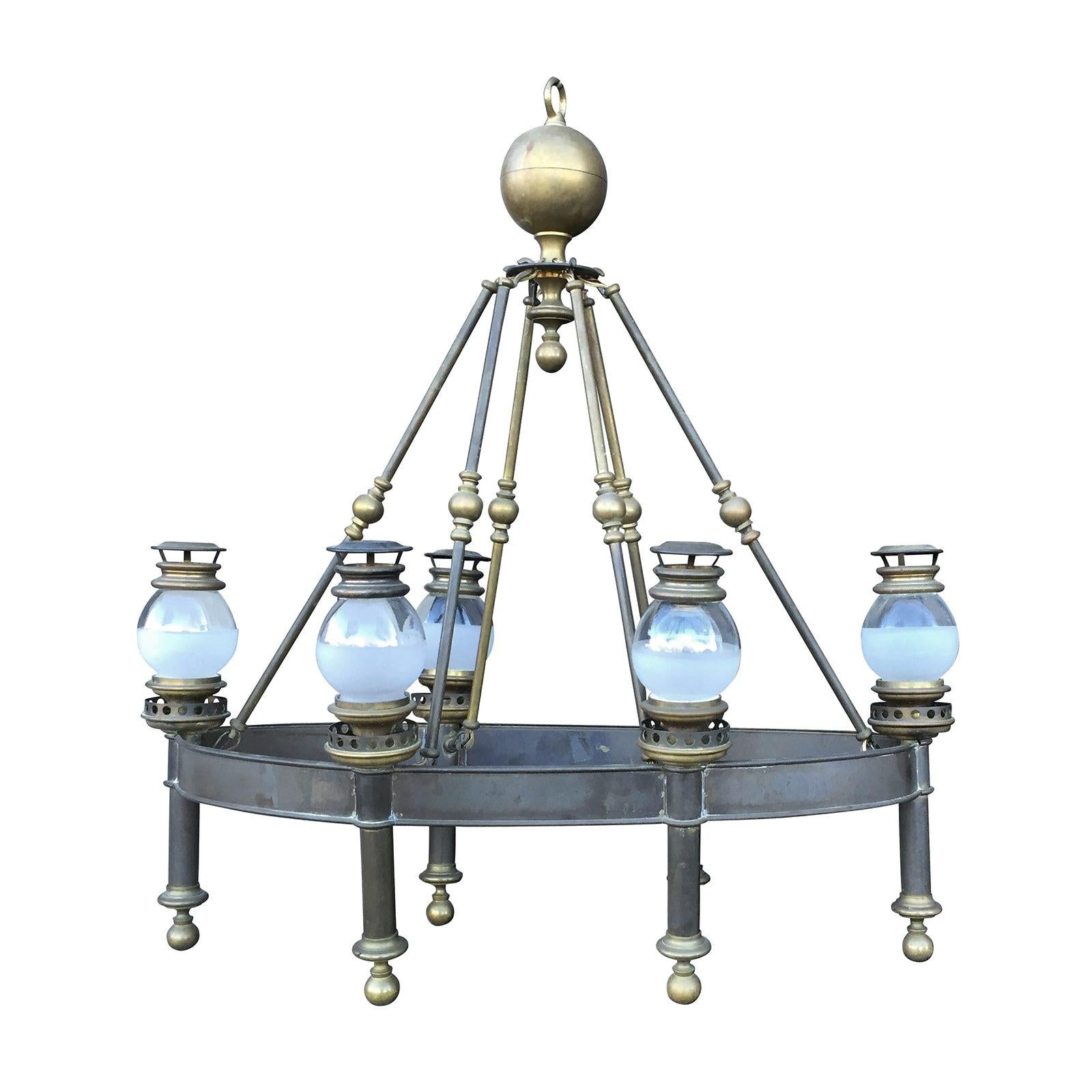 Mid-20th Century Chapman Brass Six-Arm Chandelier with Globes For Sale