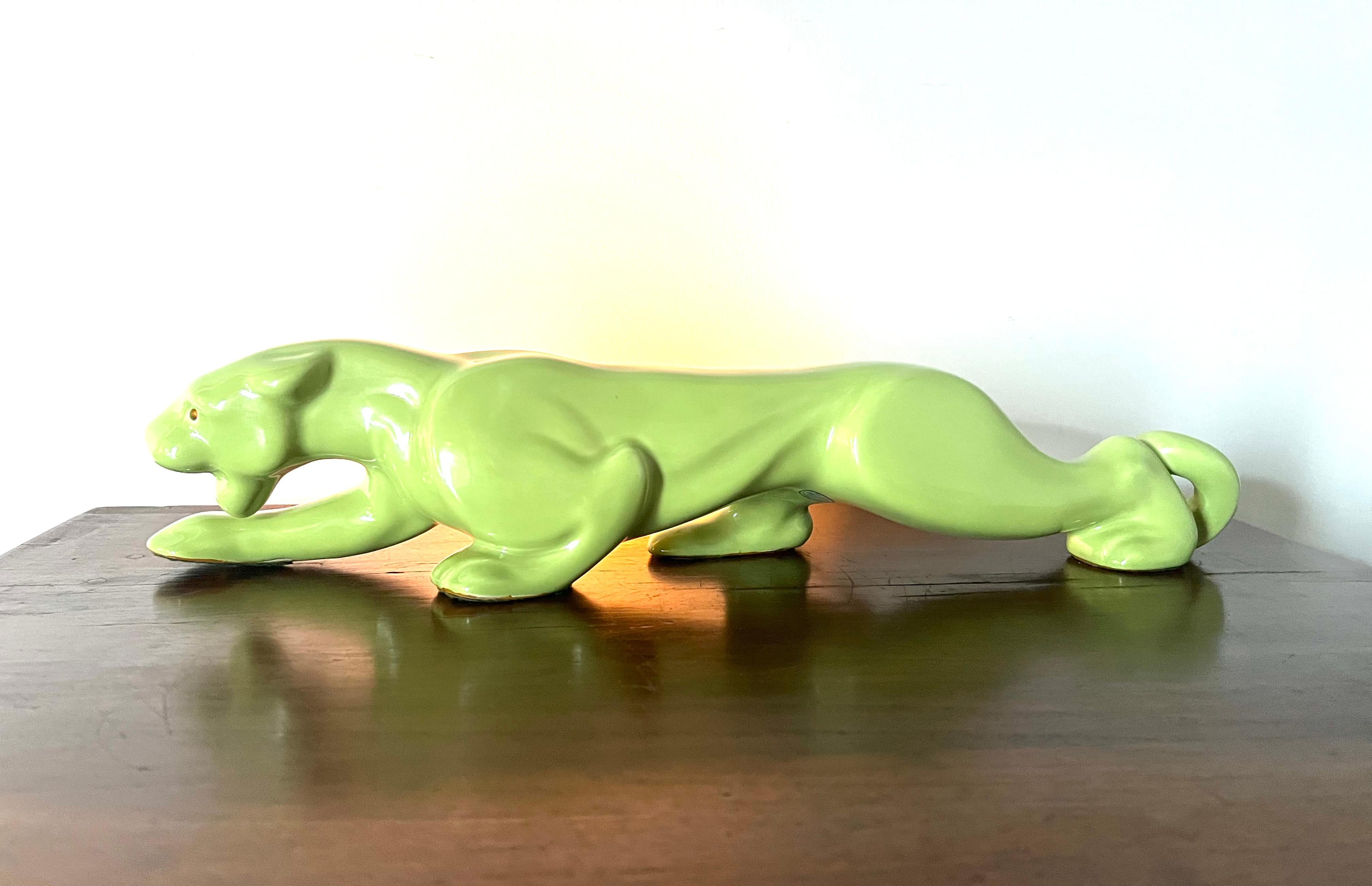 Mid 20th Century Chartreuse Green Ceramic Panther TV Lamp For Sale 2
