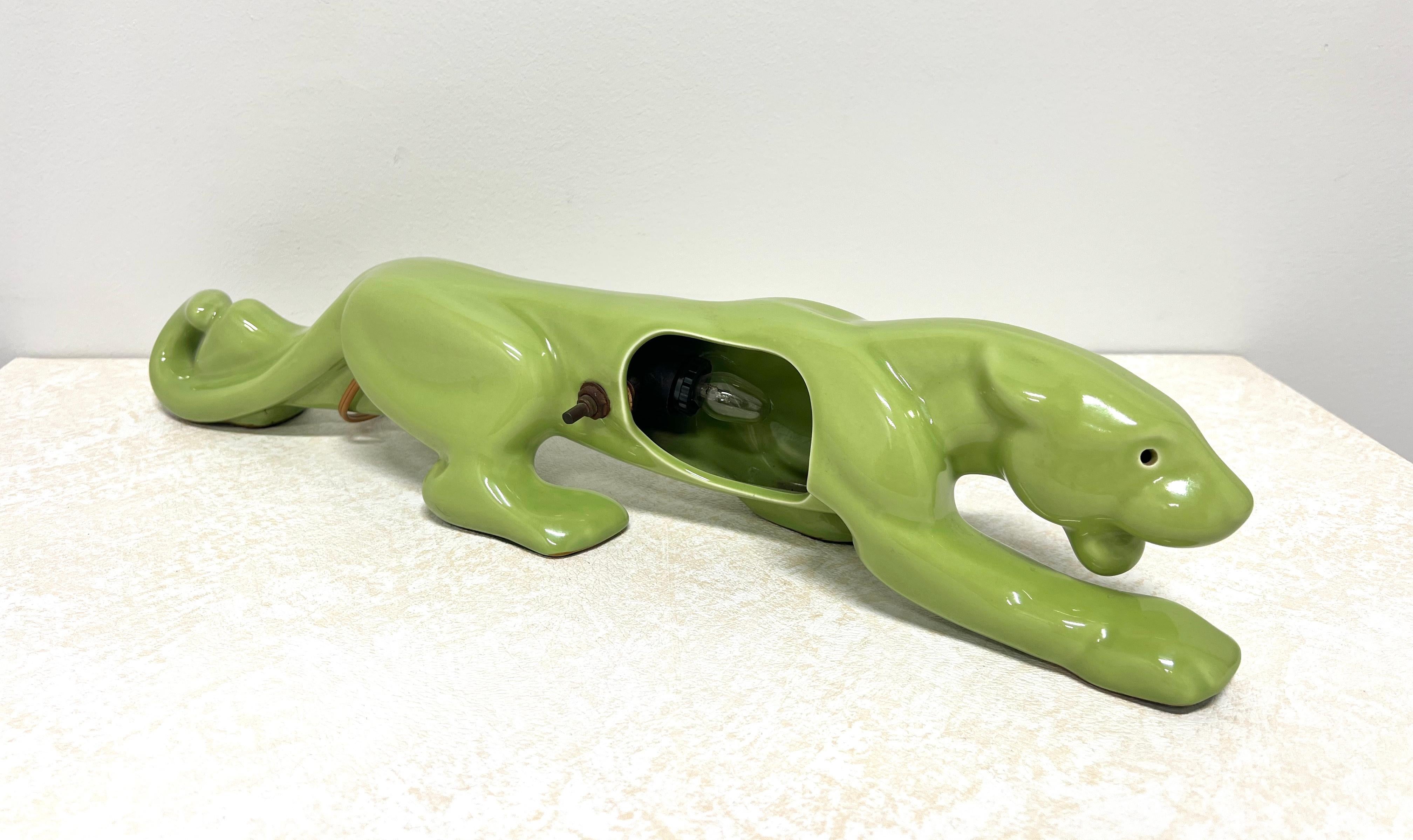 Mid 20th Century Chartreuse Green Ceramic Panther TV Lamp For Sale 1