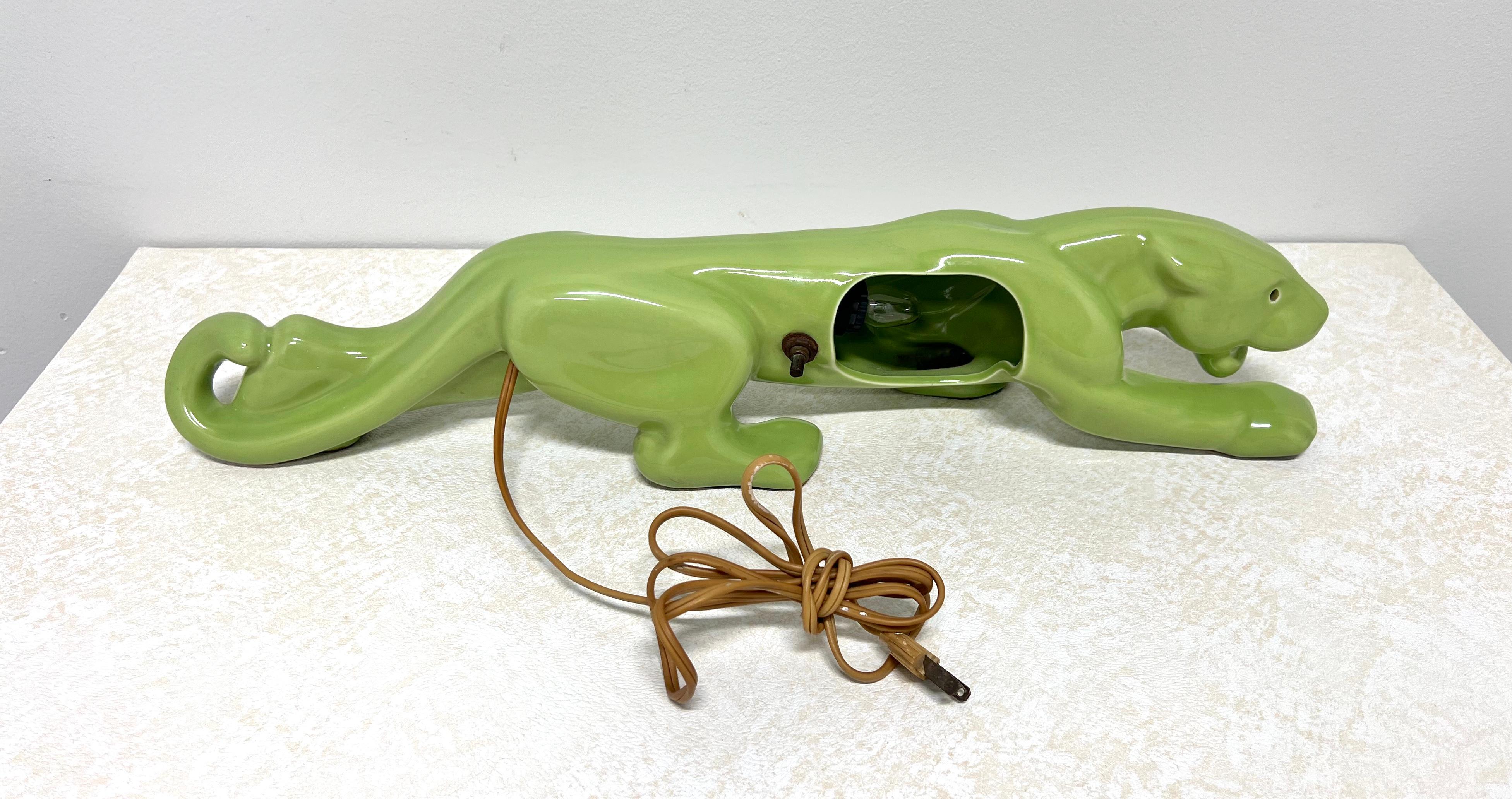 Mid 20th Century Chartreuse Green Ceramic Panther TV Lamp For Sale 1