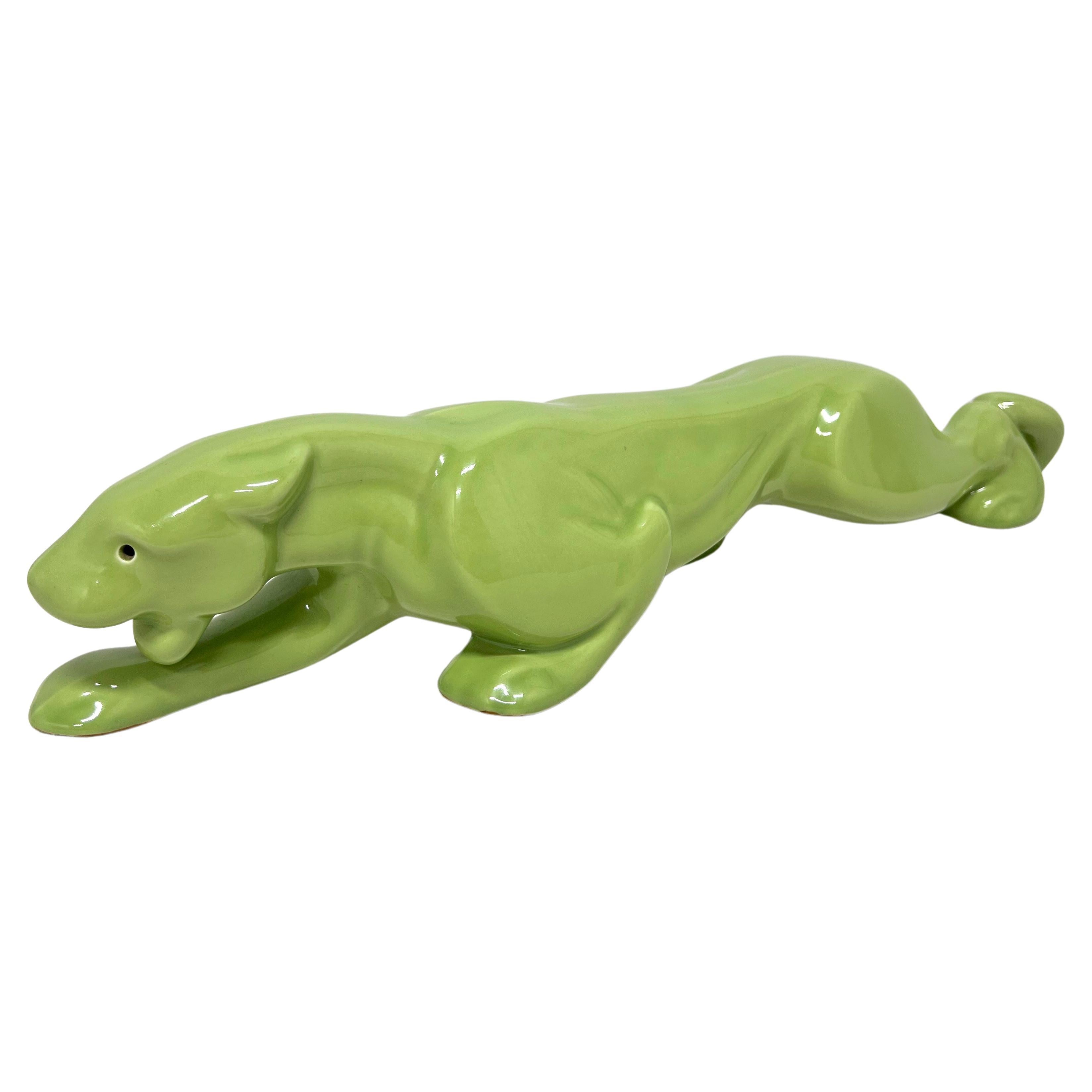Mid 20th Century Chartreuse Green Ceramic Panther TV Lamp For Sale