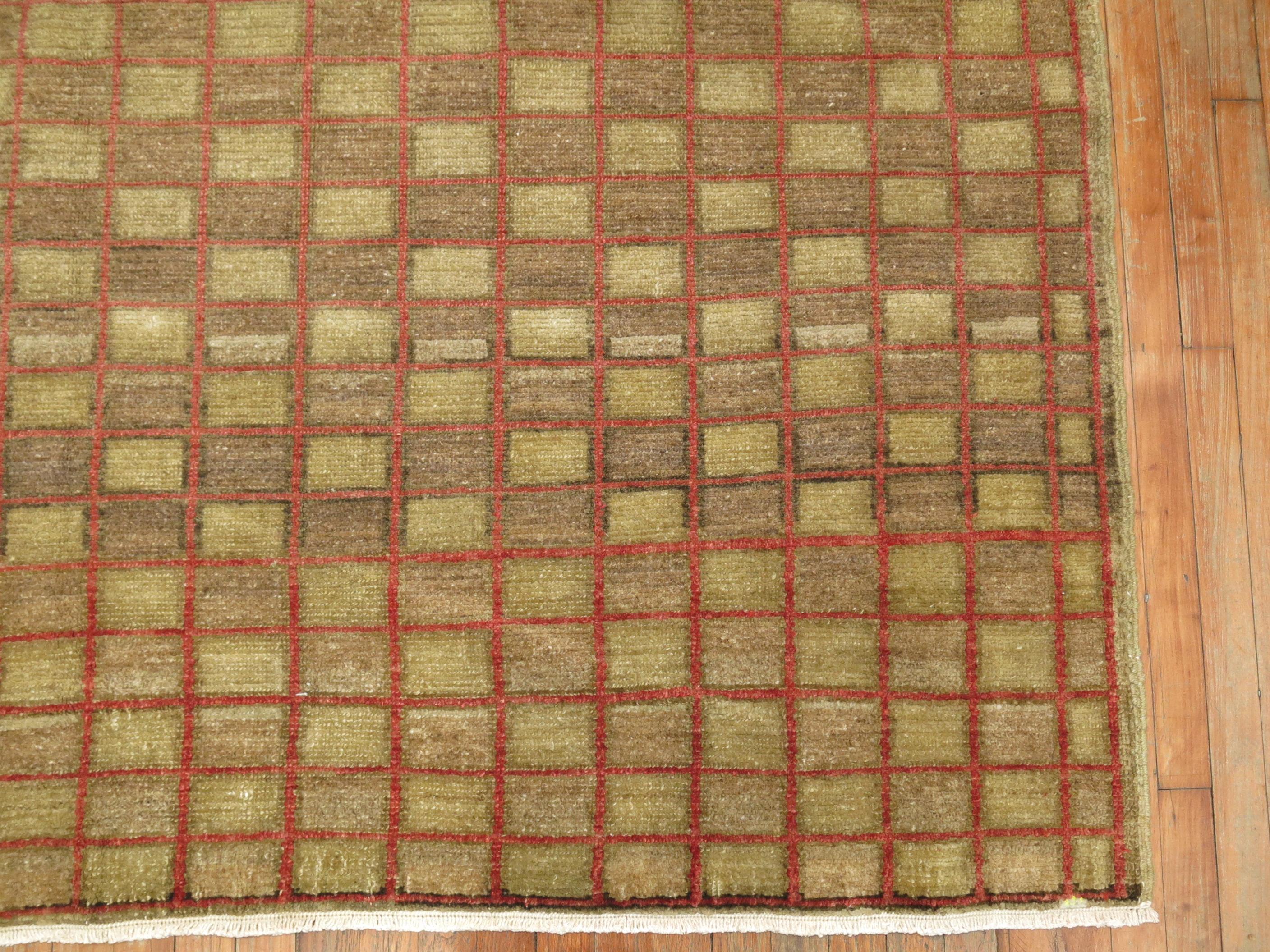 Mid-Century Modern Mid-20th Century Checkered Vintage Turkish Anatolian Brown Room Size Rug For Sale