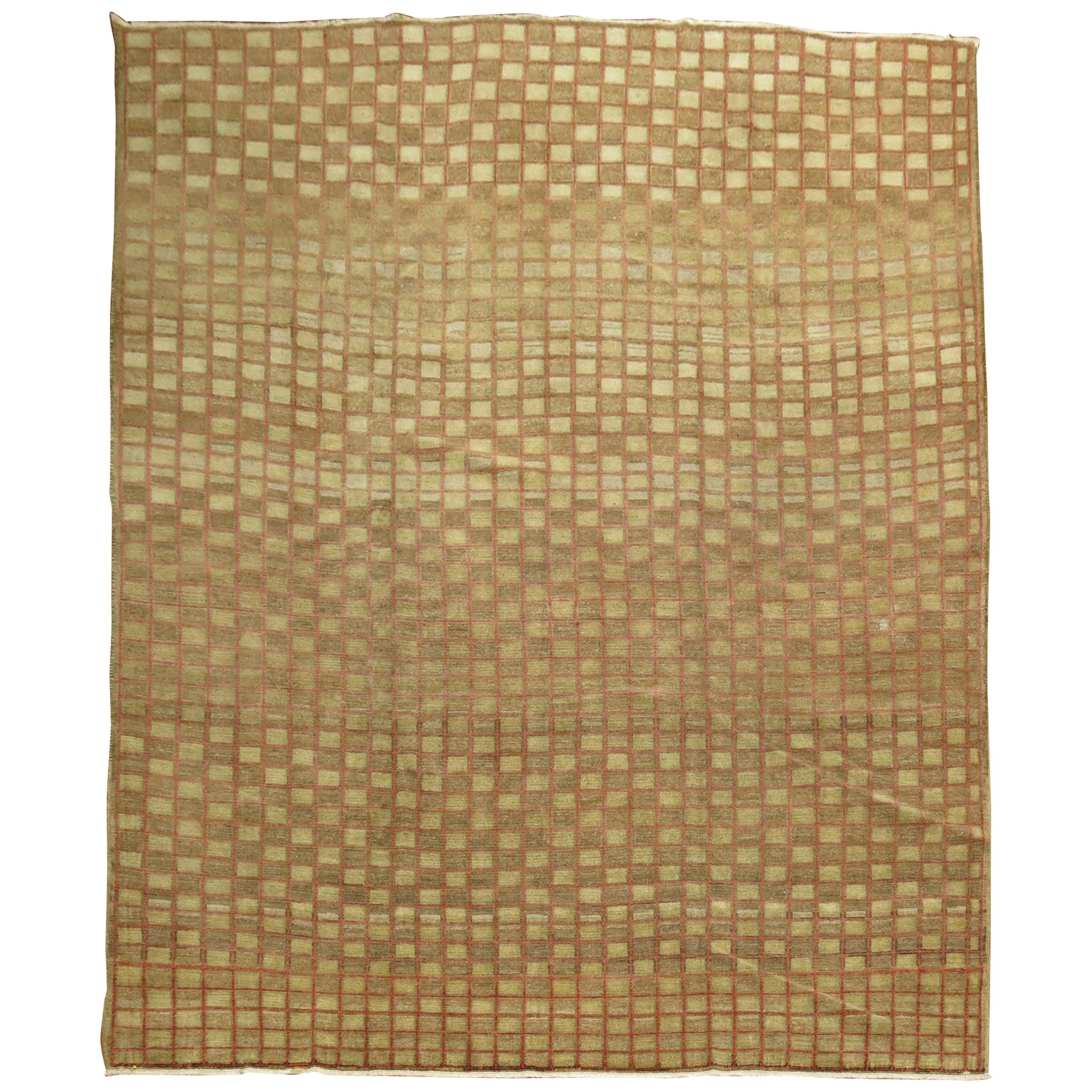 Mid-20th Century Checkered Vintage Turkish Anatolian Brown Room Size Rug For Sale