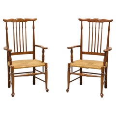 Mid 20th Century Cherry Farmhouse Dining Armchairs with Rush Seats - Pair