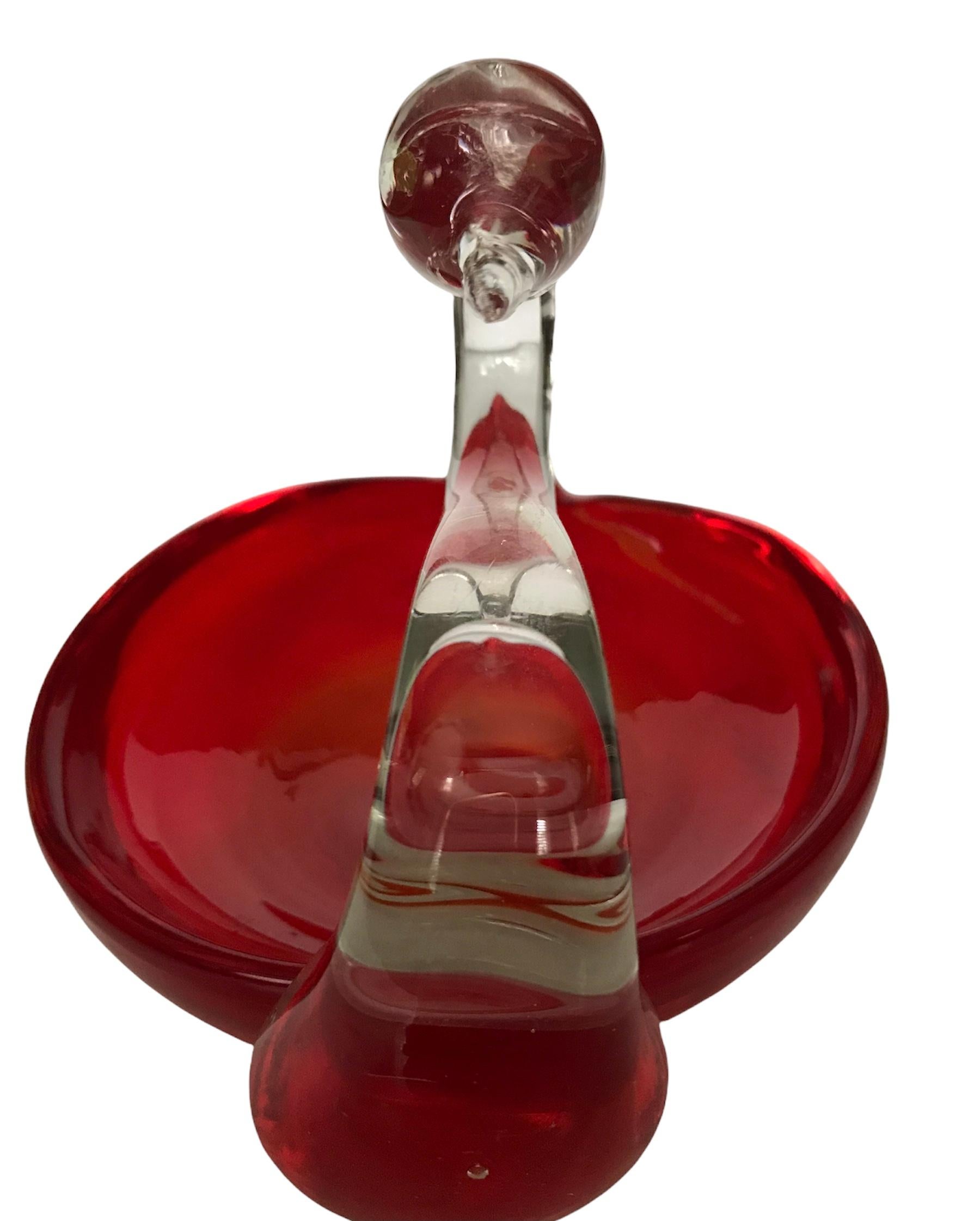 Mid-Century Modern Mid 20th Century Cherry Red Art Glass Swan Dish For Sale