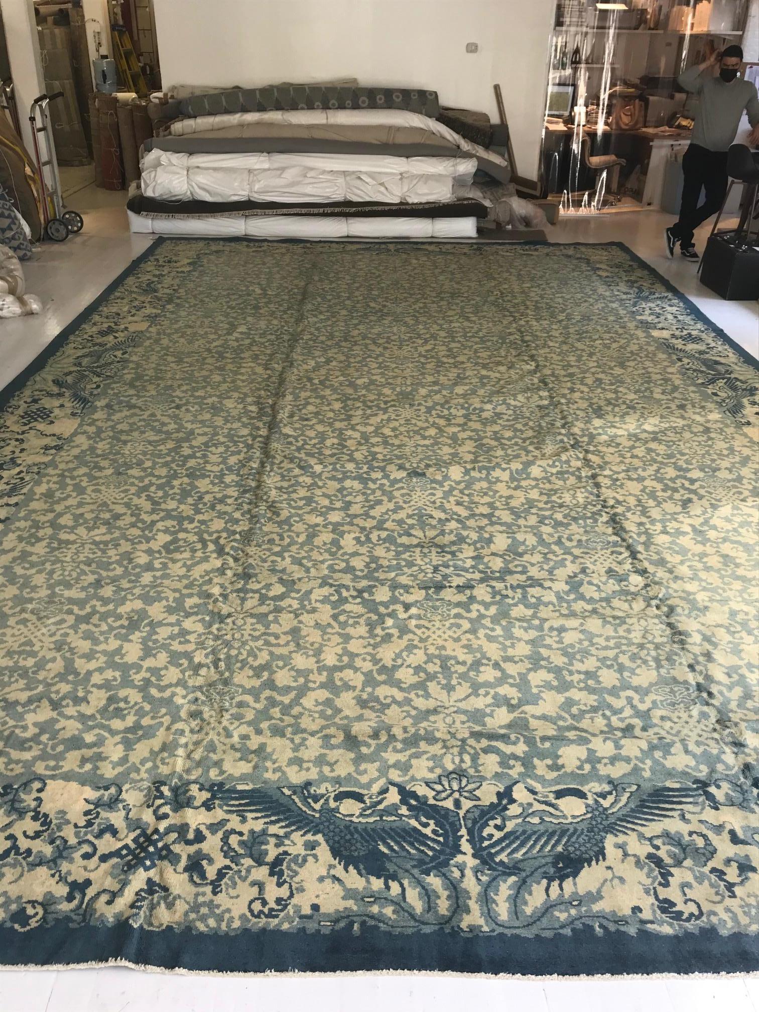Extra Large Vintage Chinese Art Deco Blue Handmade Wool rug
Size: 14'4