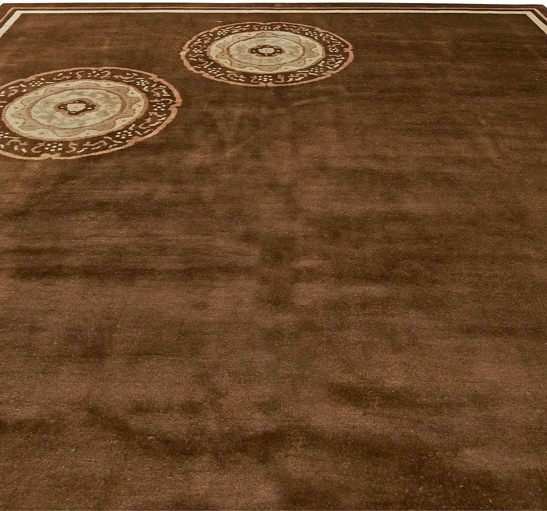 Mid-20th century Chinese Art Deco chocolate brown, ivory & beige wool rug by Doris Leslie Blau
Size: 8'3