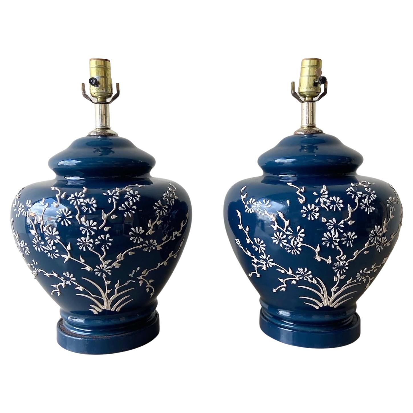 Mid 20th Century Chinese Blue and White Ceramic Cherry Blossom Table Lamp