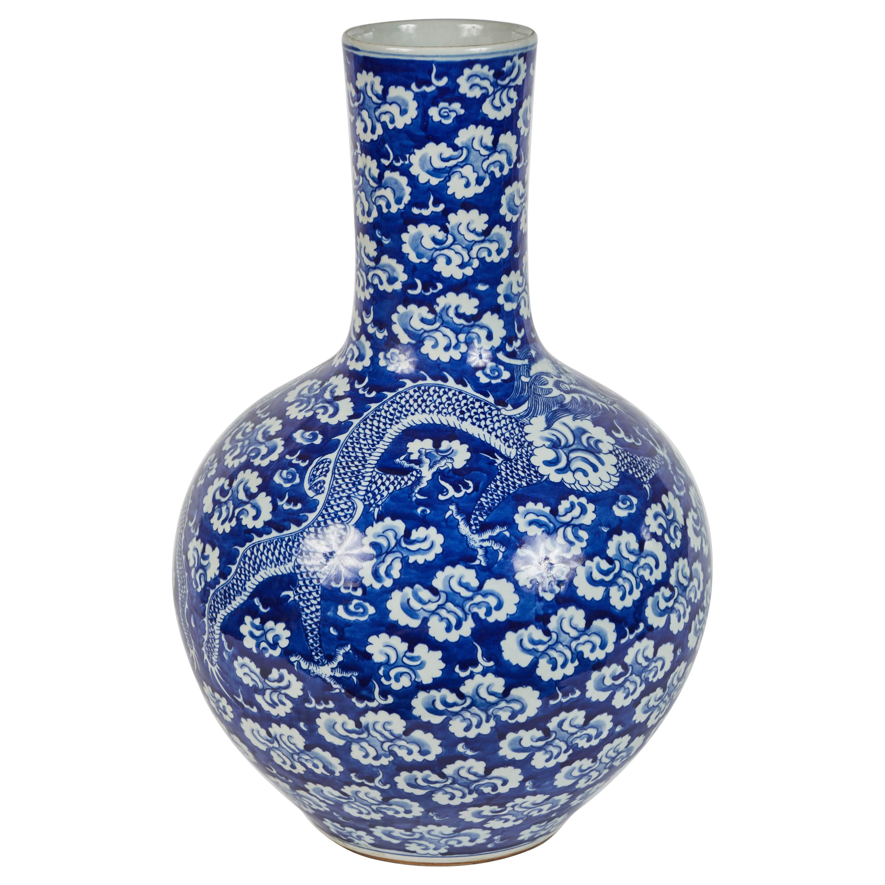 Mid-20th Century Chinese Blue and White Dragon Vase