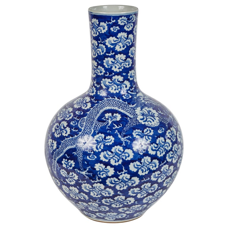 Mid20th Century Chinese Blue and White Dragon Vase For Sale at 1stDibs