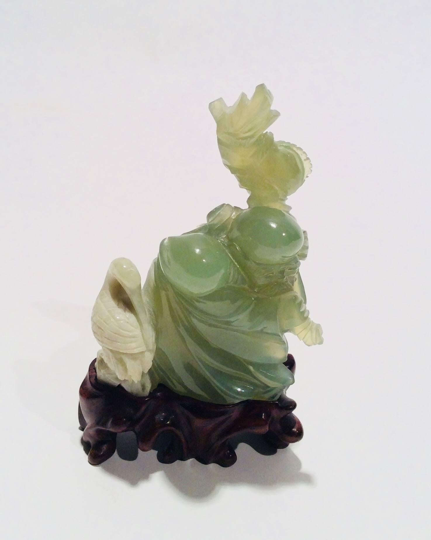 Hand-Carved Mid-20th Century Chinese Carved Bowenite Sage with Crane