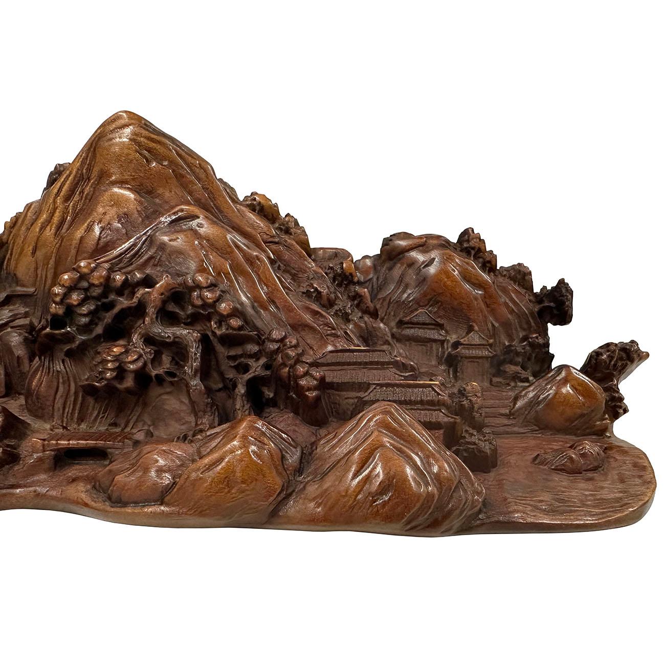 Boxwood Mid-20th Century Chinese Carved Landscape Sculpture, Scholar art For Sale