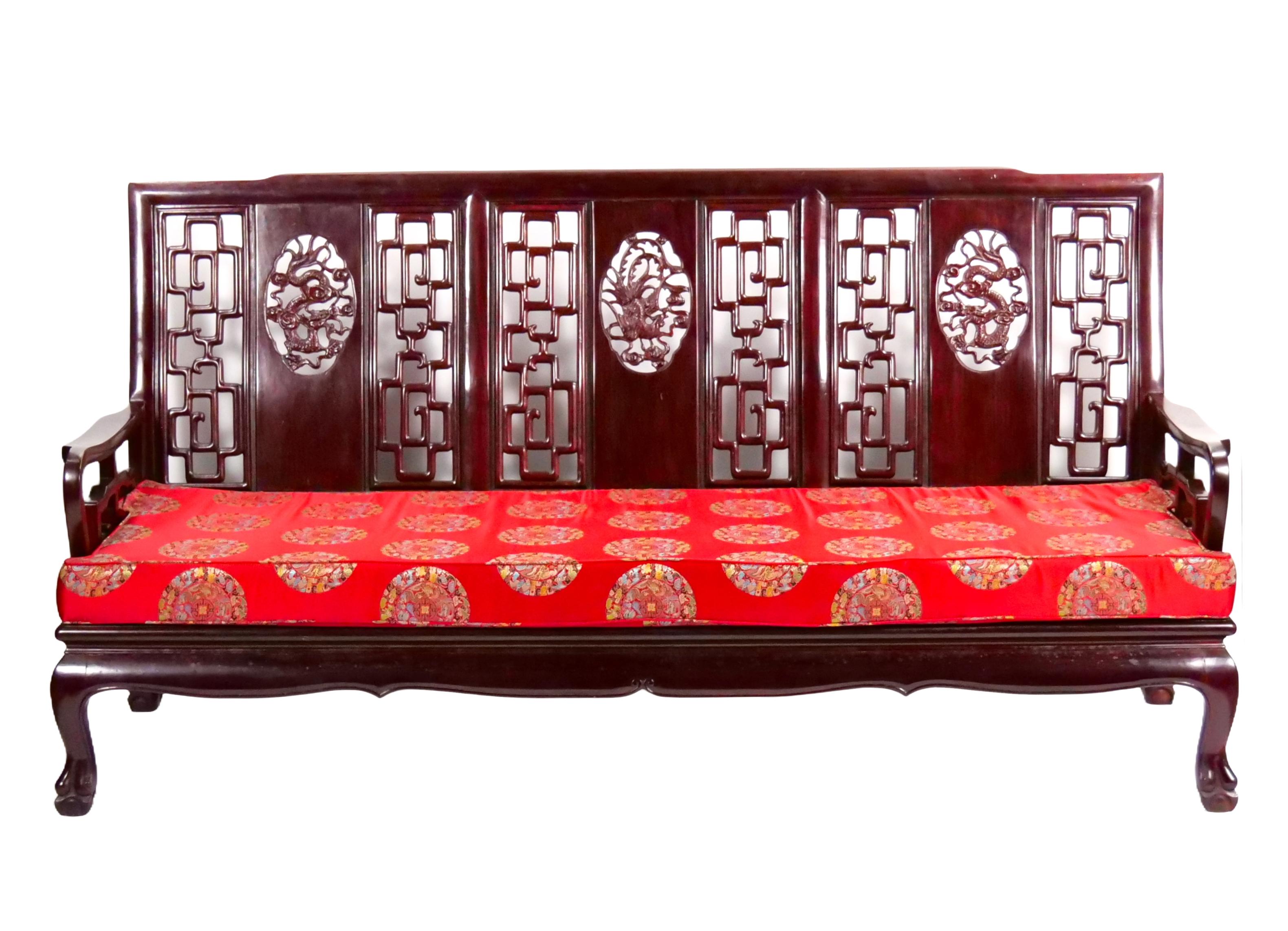 Banc long en palissandre chinois sculpté du milieu du 20e siècle, canapé en vente 6