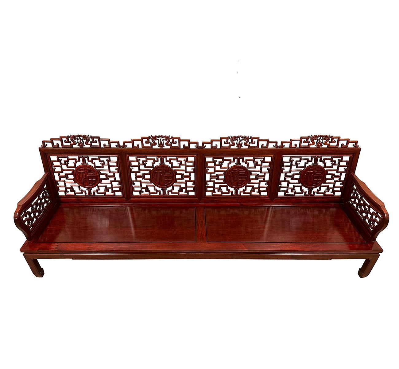 Hand-Carved Mid 20th Century Chinese Carved Rosewood Long Bench, Sofa For Sale