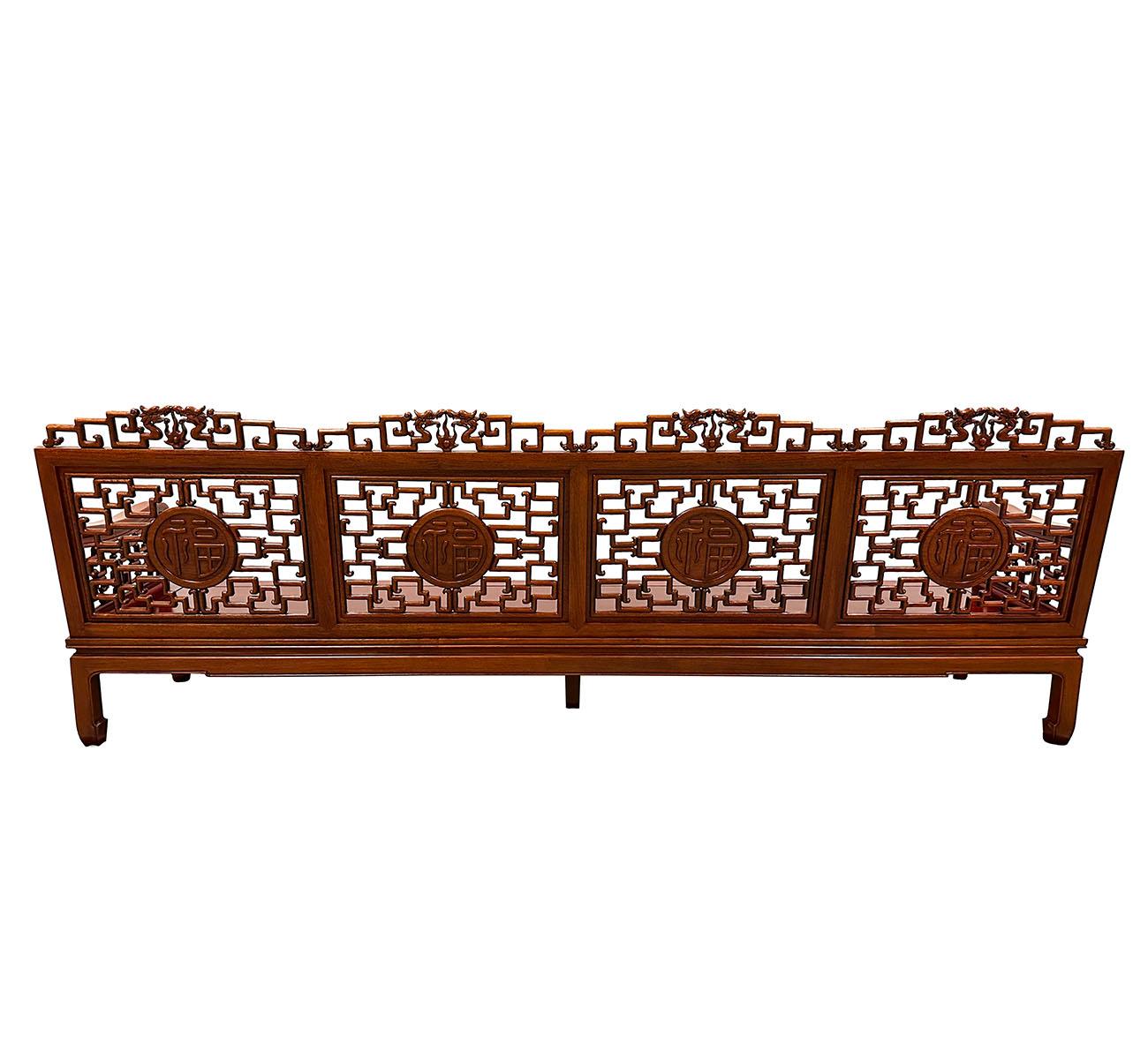 Mid 20th Century Chinese Carved Rosewood Long Bench, Sofa For Sale 1
