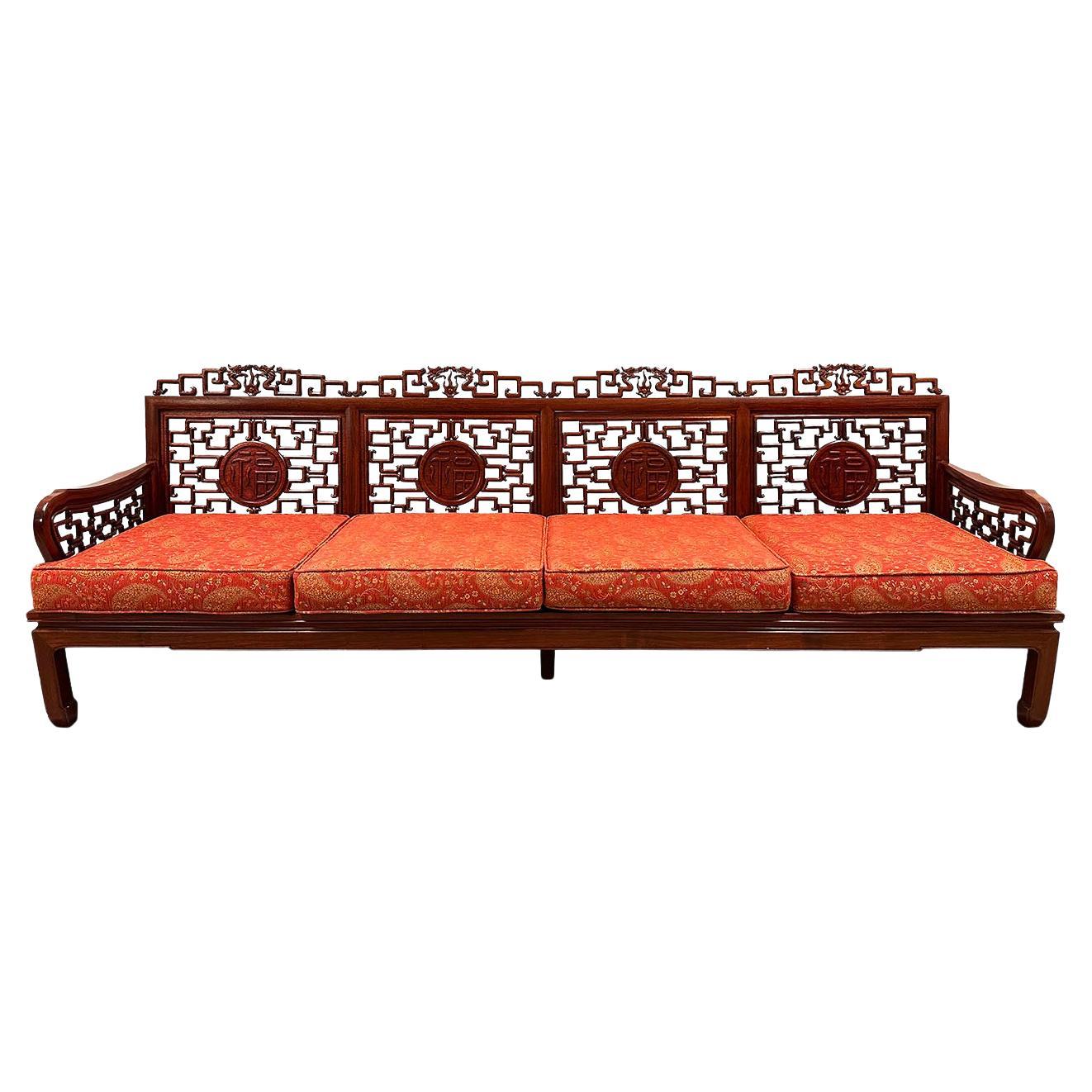 Mid 20th Century Chinese Carved Rosewood Long Bench, Sofa